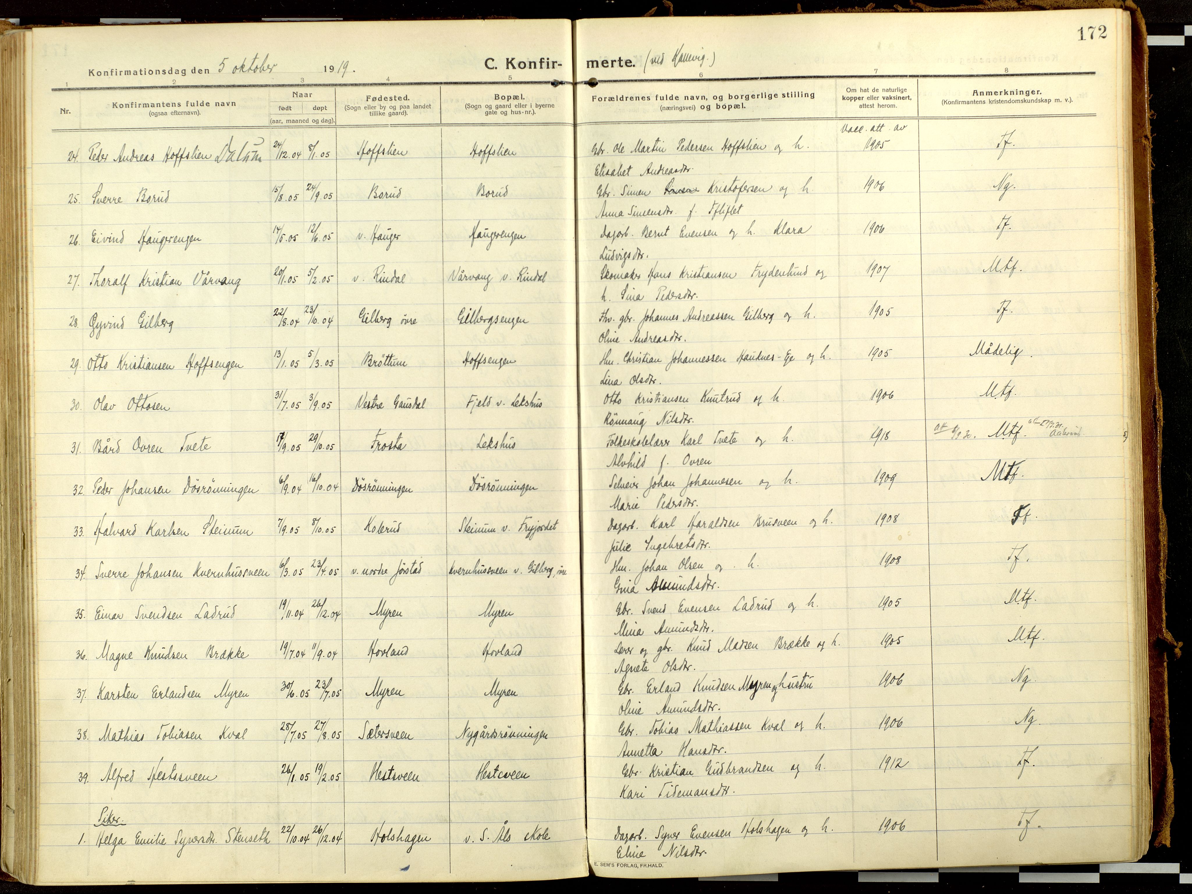 Fåberg prestekontor, AV/SAH-PREST-086/H/Ha/Haa/L0013: Parish register (official) no. 13, 1913-1928, p. 172