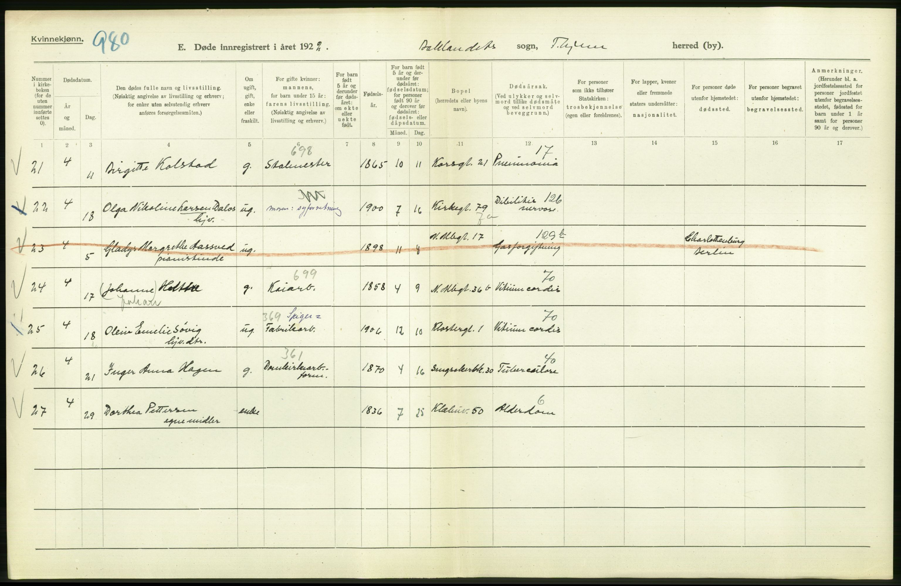 Statistisk sentralbyrå, Sosiodemografiske emner, Befolkning, AV/RA-S-2228/D/Df/Dfc/Dfcb/L0040: Trondheim: Gifte, døde, dødfødte., 1922, p. 240