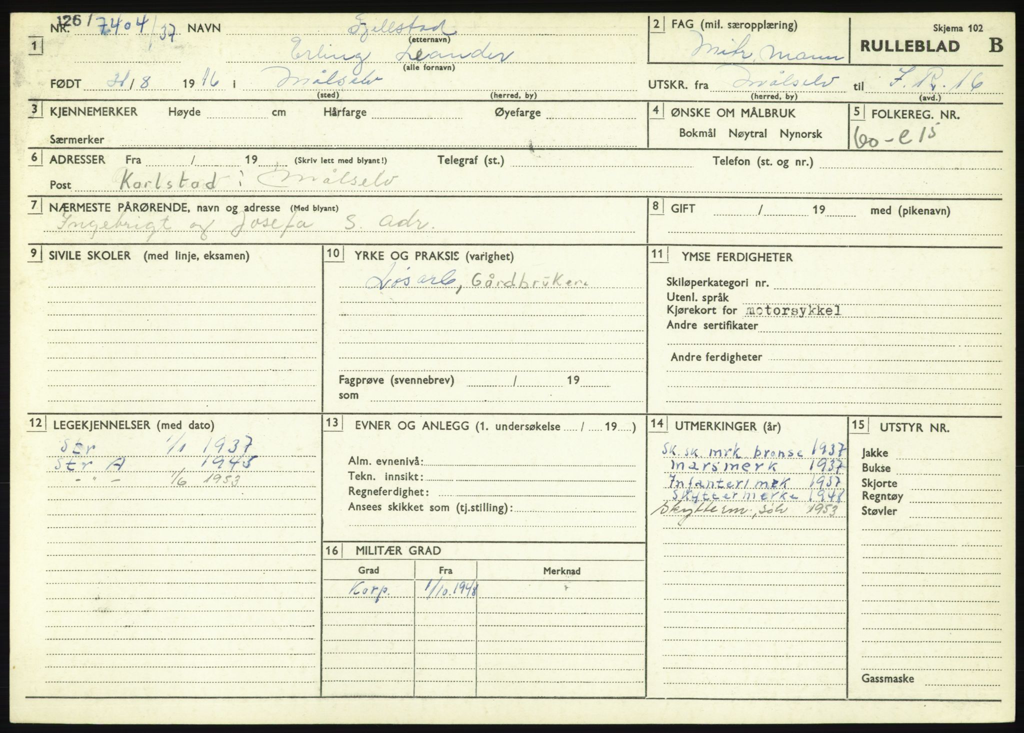 Forsvaret, Troms infanteriregiment nr. 16, AV/RA-RAFA-3146/P/Pa/L0021: Rulleblad for regimentets menige mannskaper, årsklasse 1937, 1937, p. 175