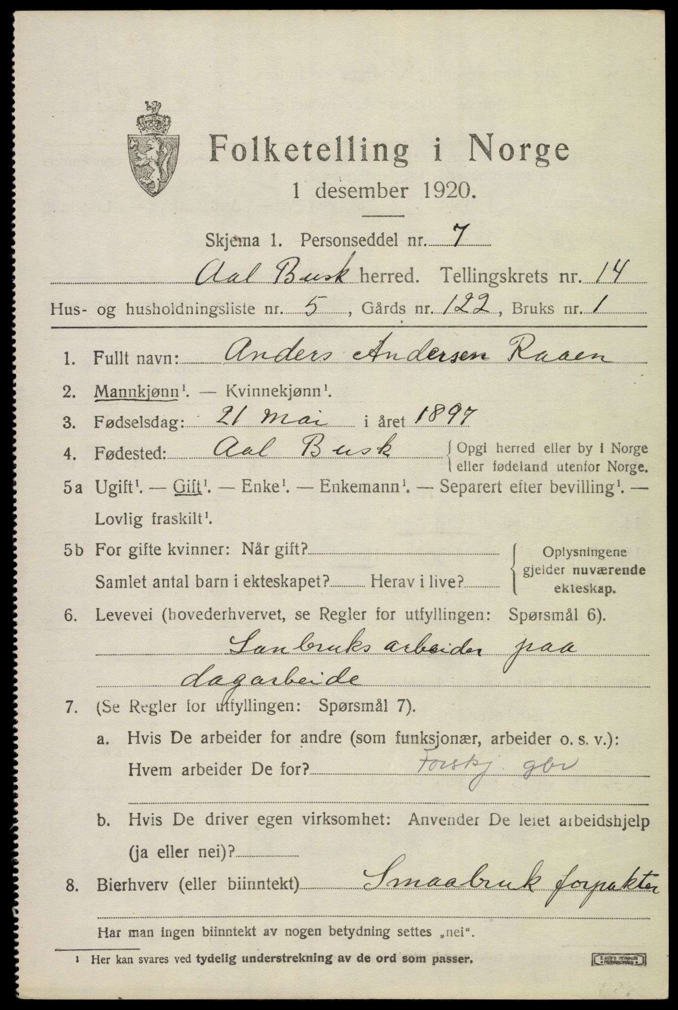 SAKO, 1920 census for Ål, 1920, p. 8136