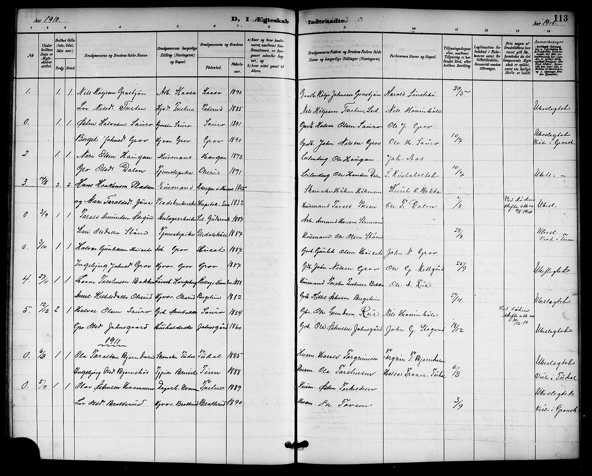 Gransherad kirkebøker, AV/SAKO-A-267/G/Gb/L0003: Parish register (copy) no. II 3, 1887-1921, p. 113