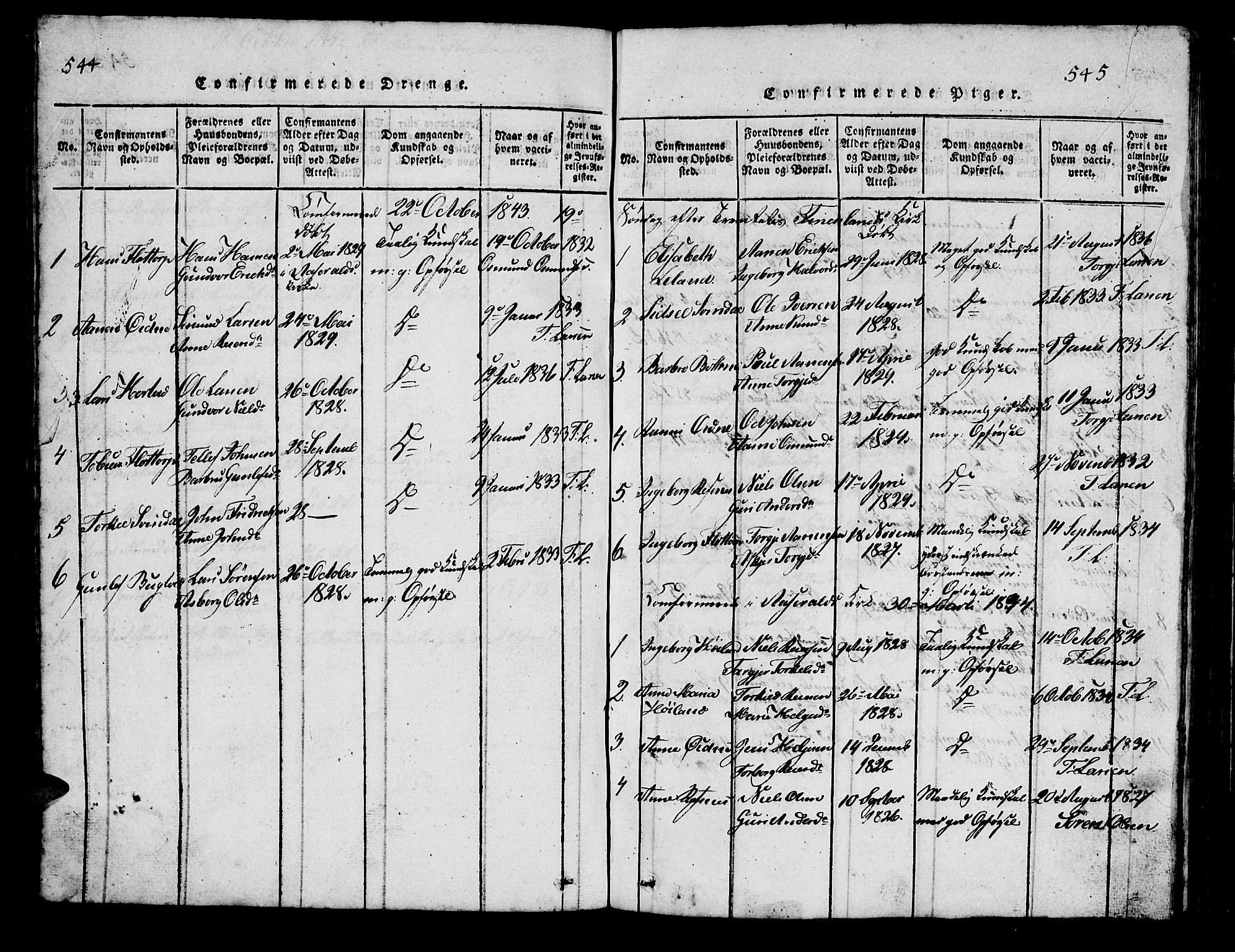 Bjelland sokneprestkontor, SAK/1111-0005/F/Fb/Fbc/L0001: Parish register (copy) no. B 1, 1815-1870, p. 544-545
