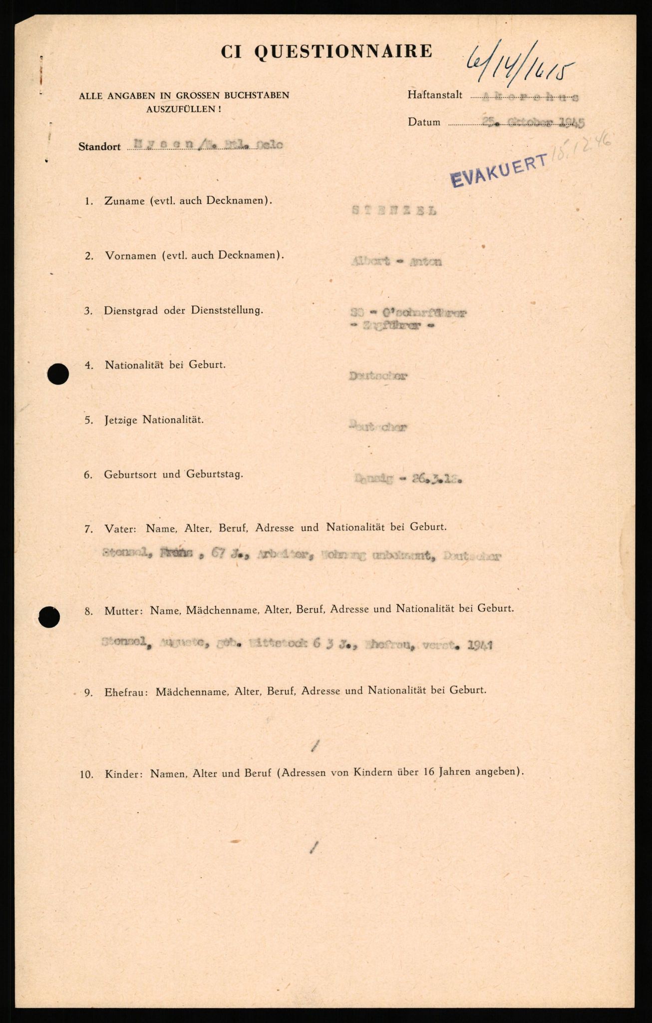 Forsvaret, Forsvarets overkommando II, RA/RAFA-3915/D/Db/L0033: CI Questionaires. Tyske okkupasjonsstyrker i Norge. Tyskere., 1945-1946, p. 26