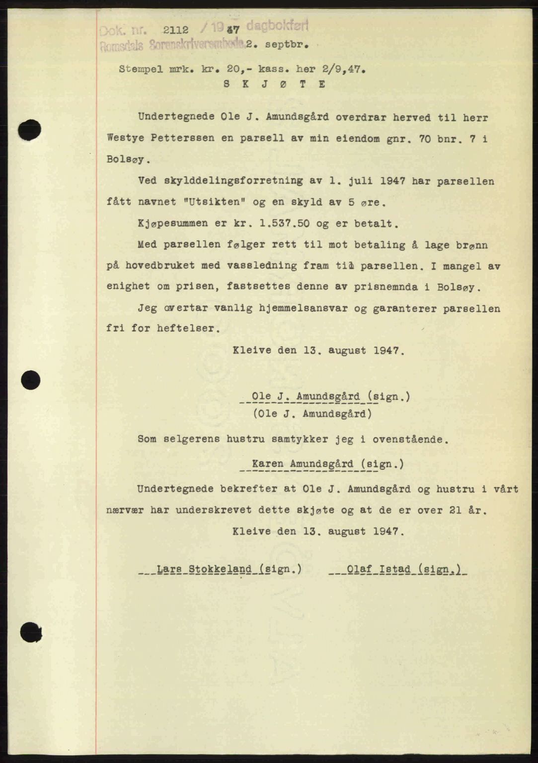 Romsdal sorenskriveri, AV/SAT-A-4149/1/2/2C: Mortgage book no. A23, 1947-1947, Diary no: : 2112/1947