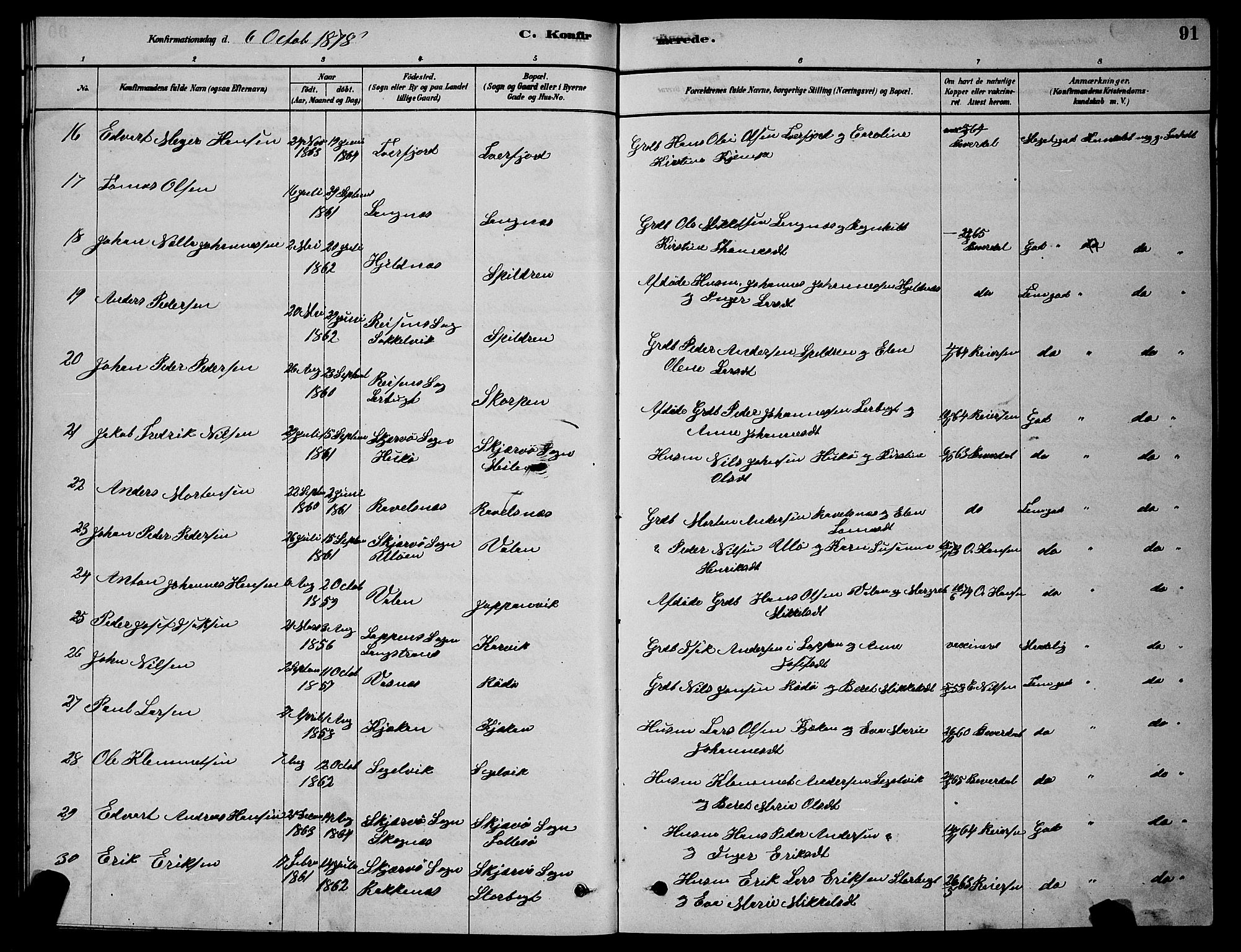 Skjervøy sokneprestkontor, AV/SATØ-S-1300/H/Ha/Hab/L0015klokker: Parish register (copy) no. 15, 1878-1890, p. 91