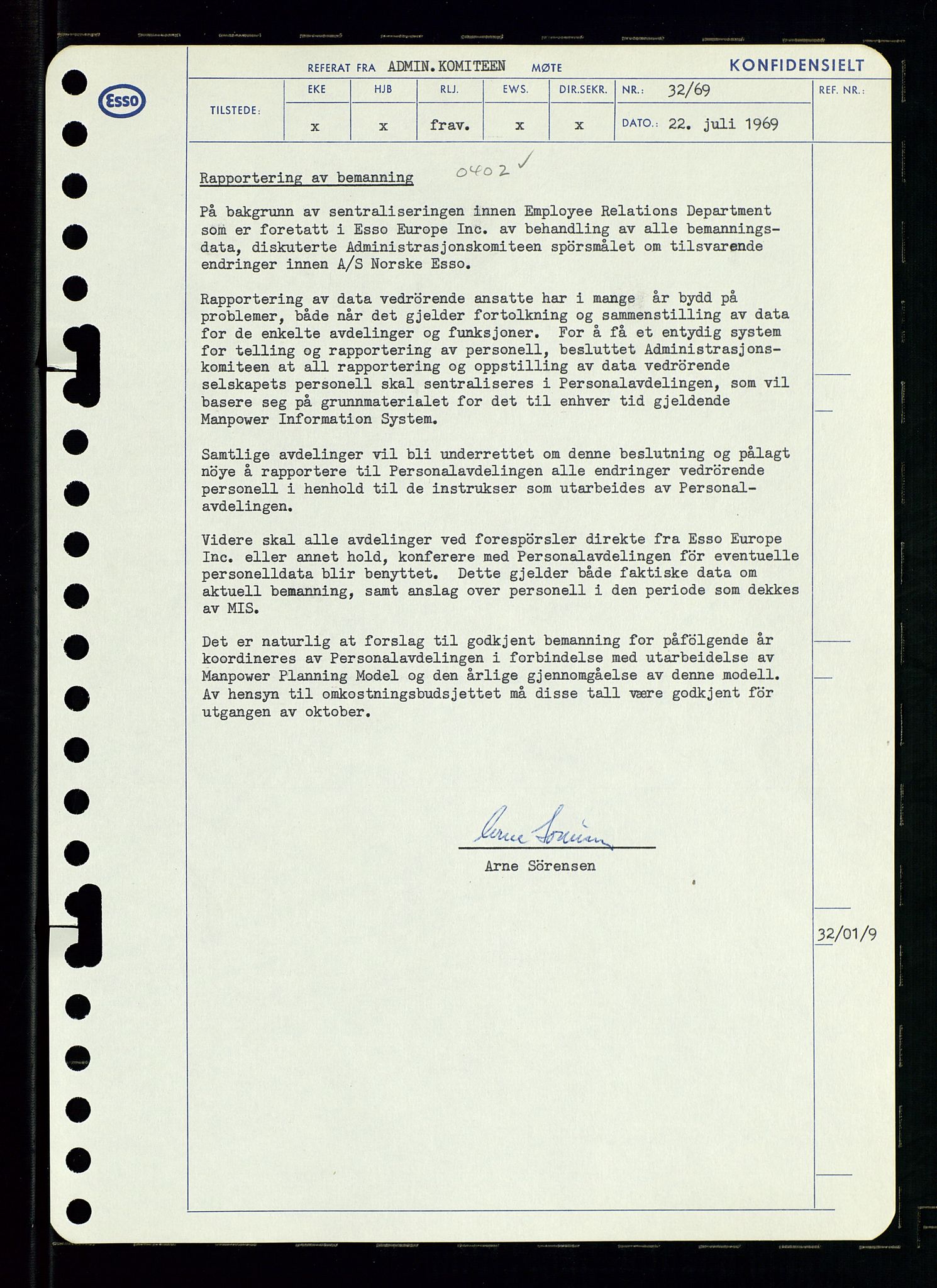 Pa 0982 - Esso Norge A/S, AV/SAST-A-100448/A/Aa/L0003/0001: Den administrerende direksjon Board minutes (styrereferater) og Bedriftforsamlingsprotokoll / Den administrerende direksjon Board minutes (styrereferater), 1969, p. 96