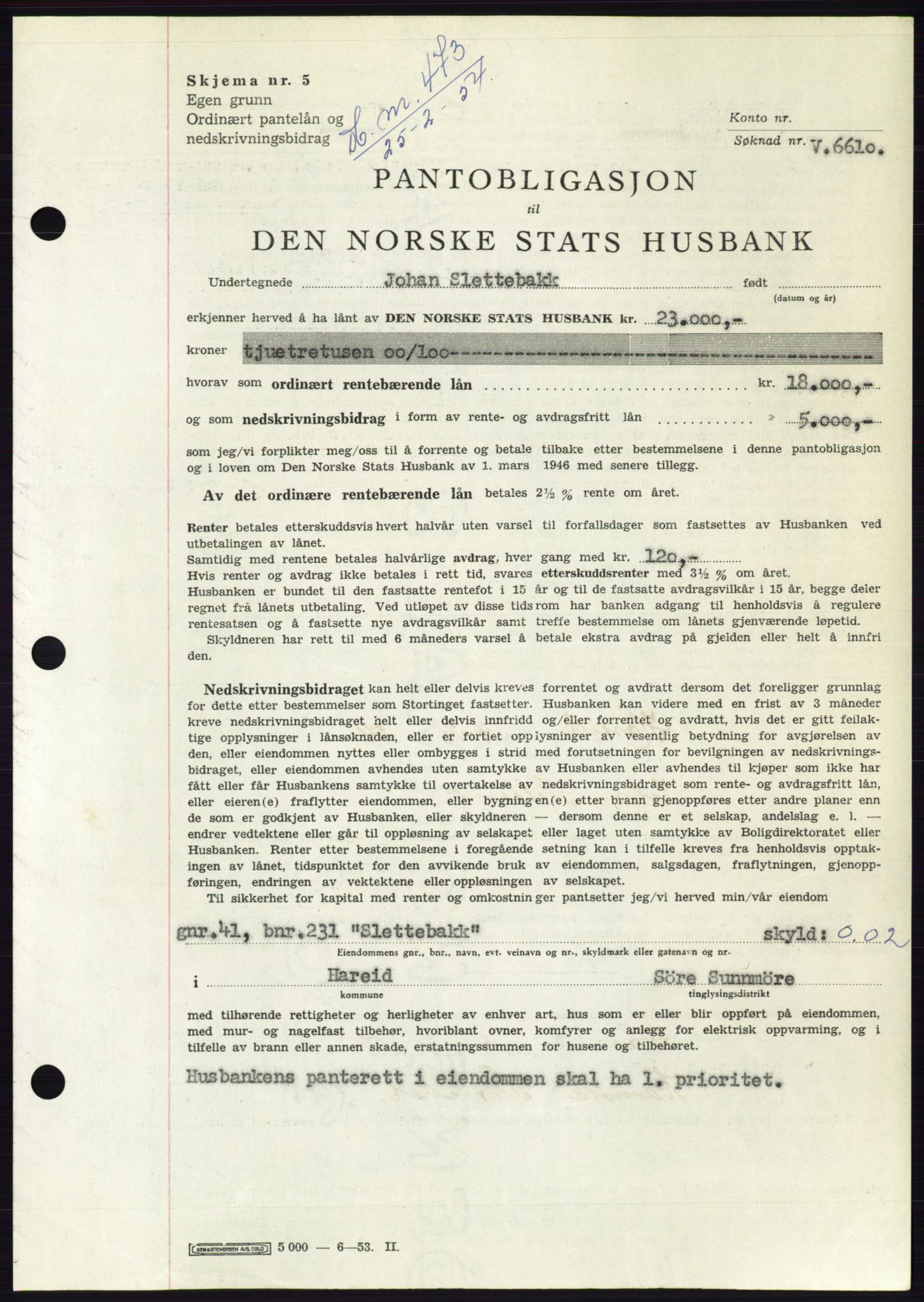 Søre Sunnmøre sorenskriveri, AV/SAT-A-4122/1/2/2C/L0124: Mortgage book no. 12B, 1953-1954, Diary no: : 473/1954