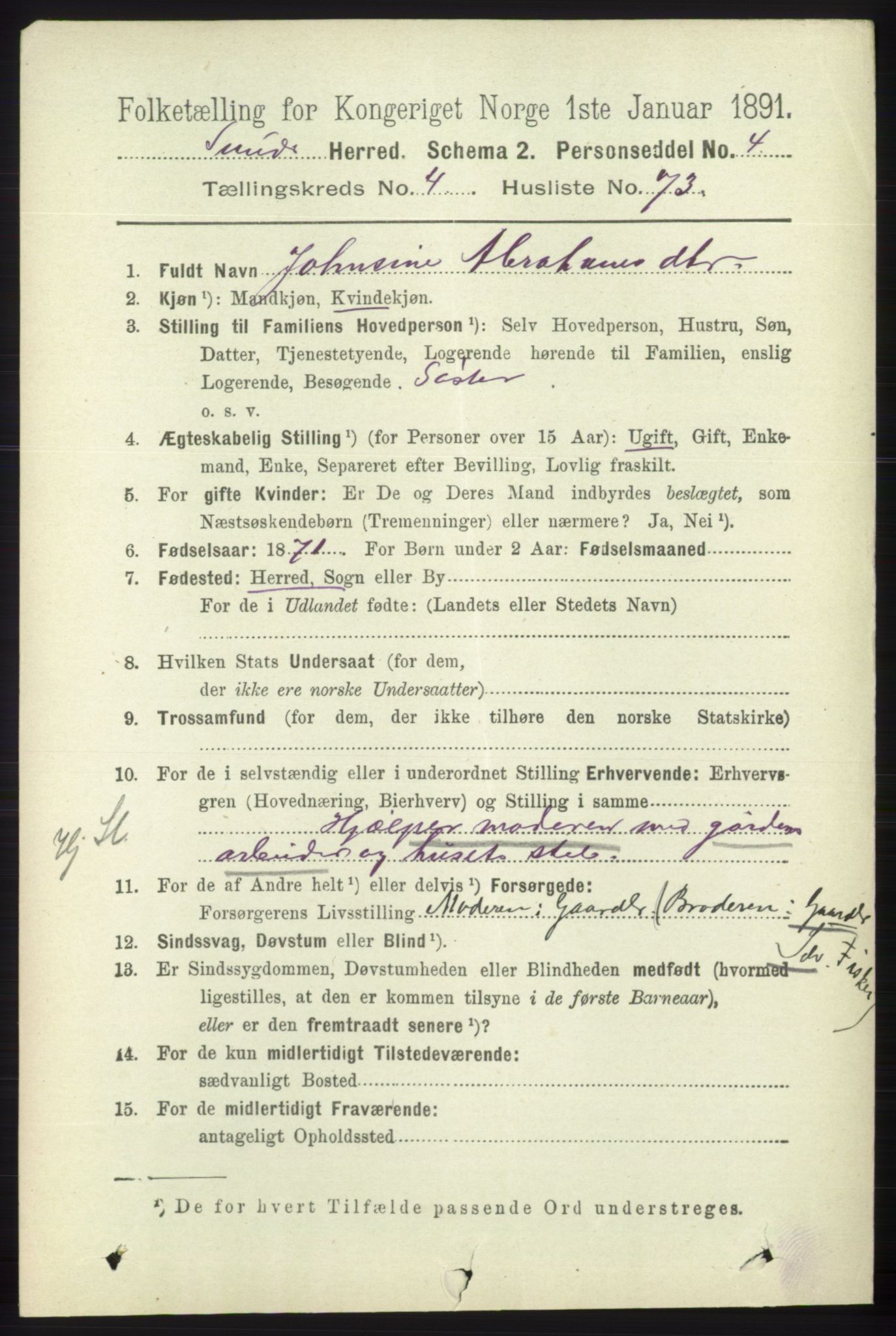 RA, 1891 census for 1245 Sund, 1891, p. 2323