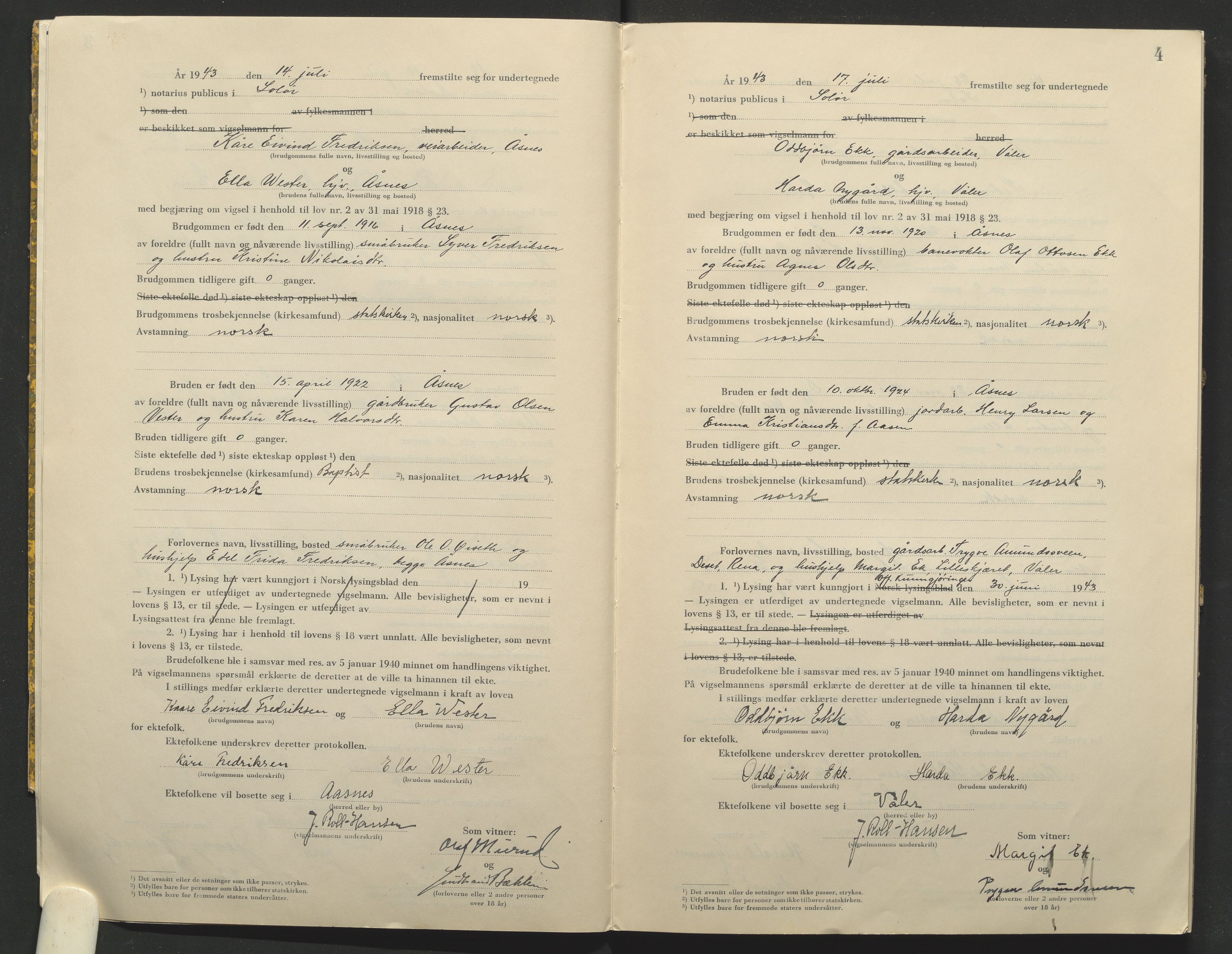 Solør tingrett, AV/SAH-TING-008/L/Lb/L0002: Vigselprotokoll, 1943-1944, p. 4