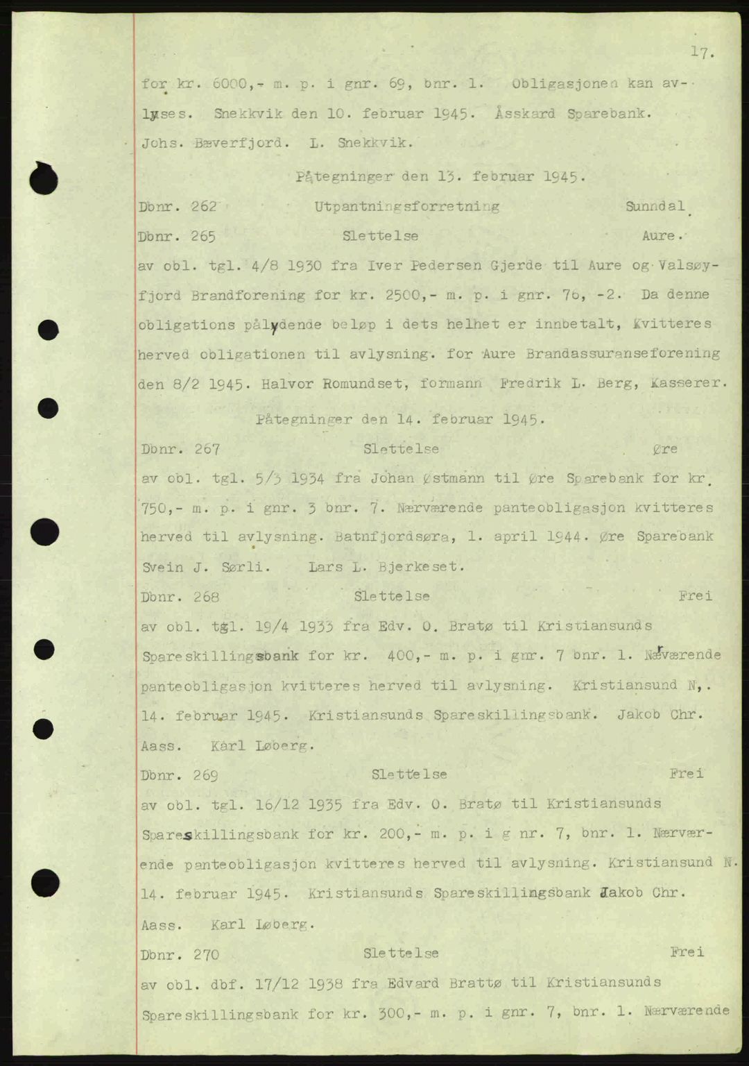 Nordmøre sorenskriveri, AV/SAT-A-4132/1/2/2Ca: Mortgage book no. C82a, 1945-1946, Diary no: : 262/1945