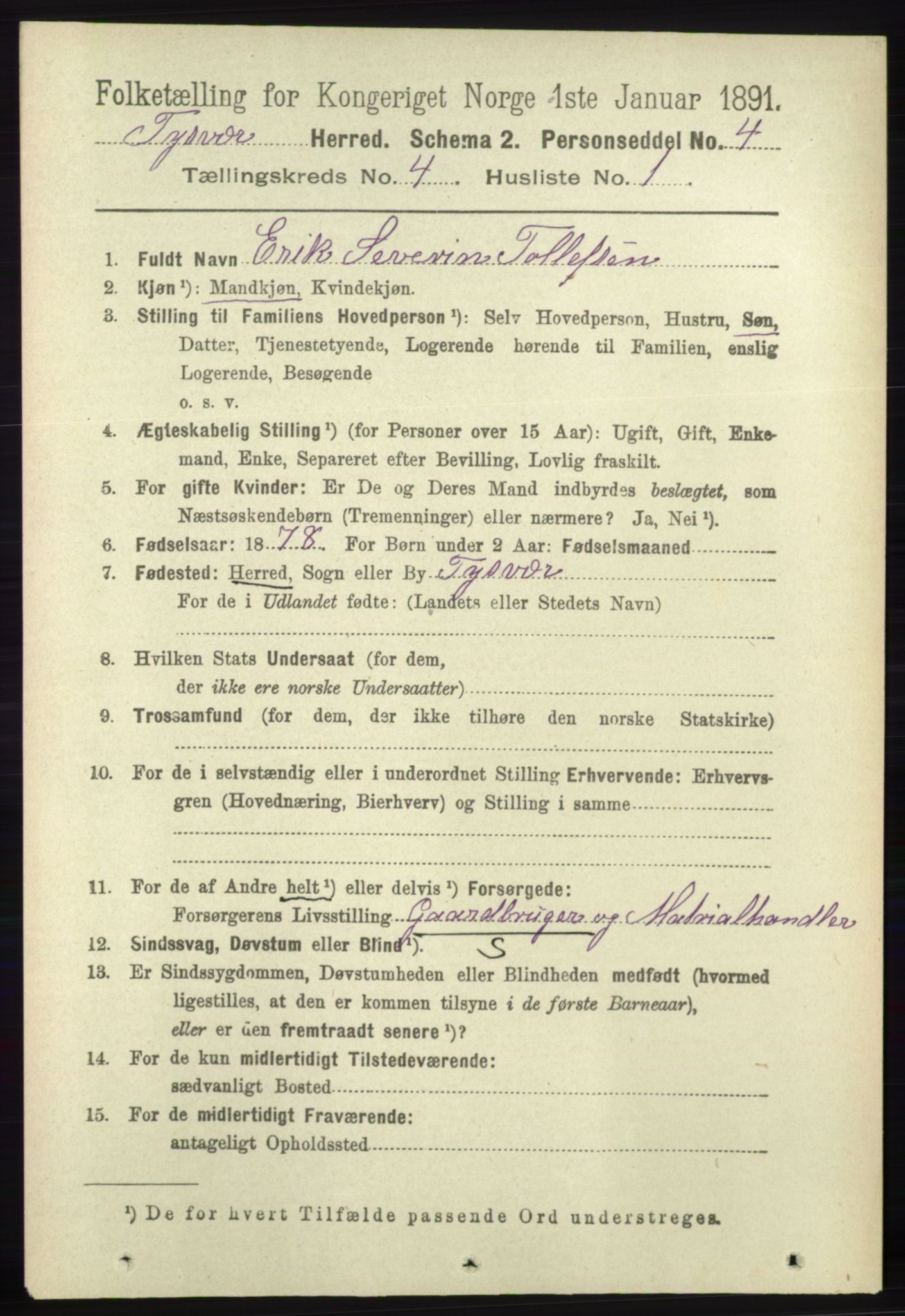 RA, 1891 census for 1146 Tysvær, 1891, p. 1514