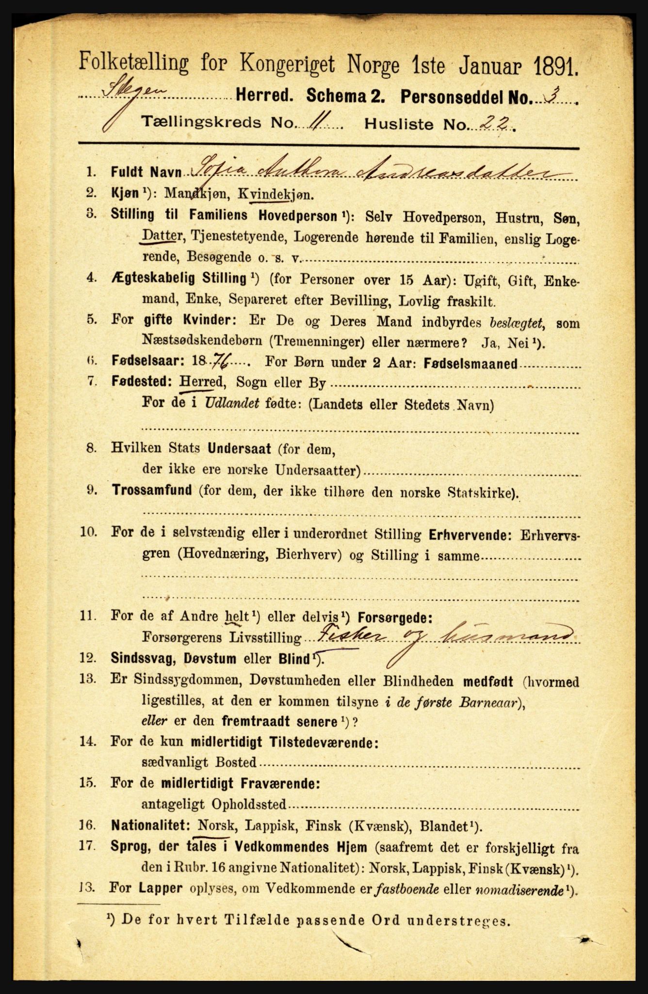RA, 1891 census for 1848 Steigen, 1891, p. 3916