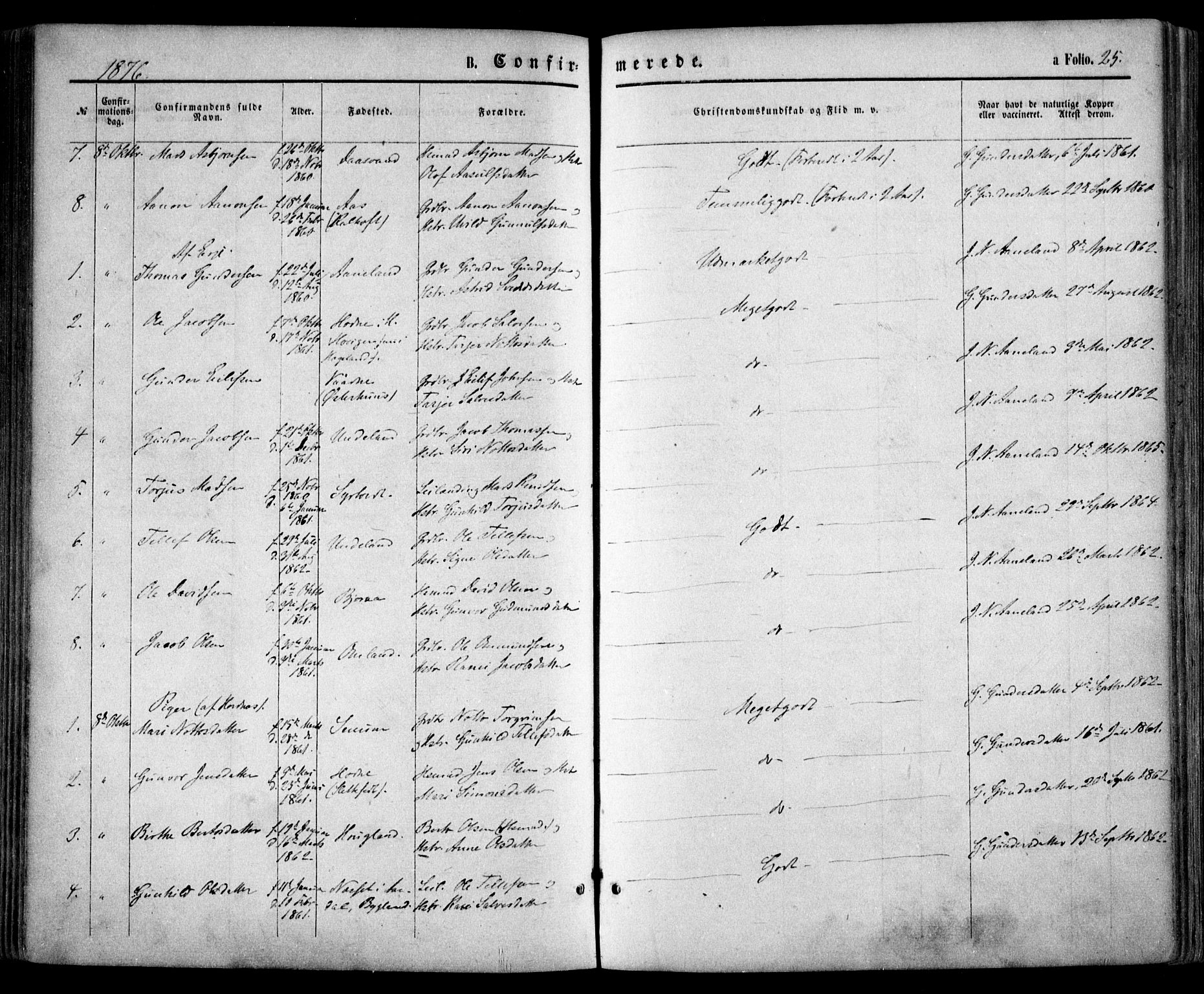 Evje sokneprestkontor, SAK/1111-0008/F/Fa/Faa/L0006: Parish register (official) no. A 6, 1866-1884, p. 250