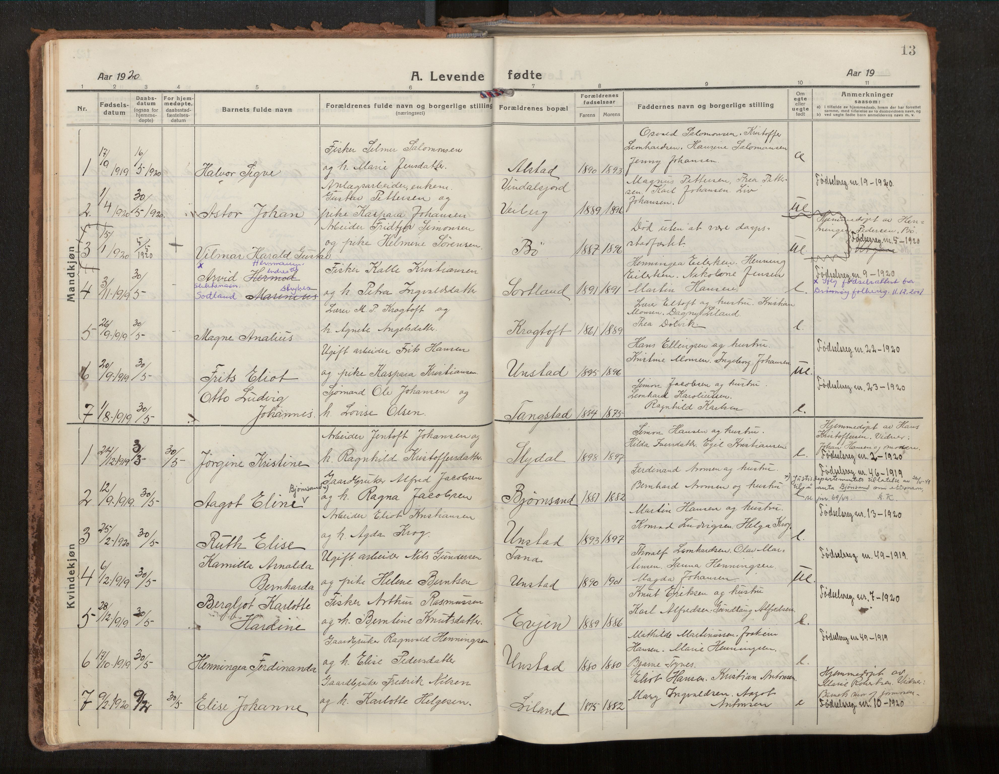 Ministerialprotokoller, klokkerbøker og fødselsregistre - Nordland, AV/SAT-A-1459/880/L1136: Parish register (official) no. 880A10, 1919-1927, p. 13