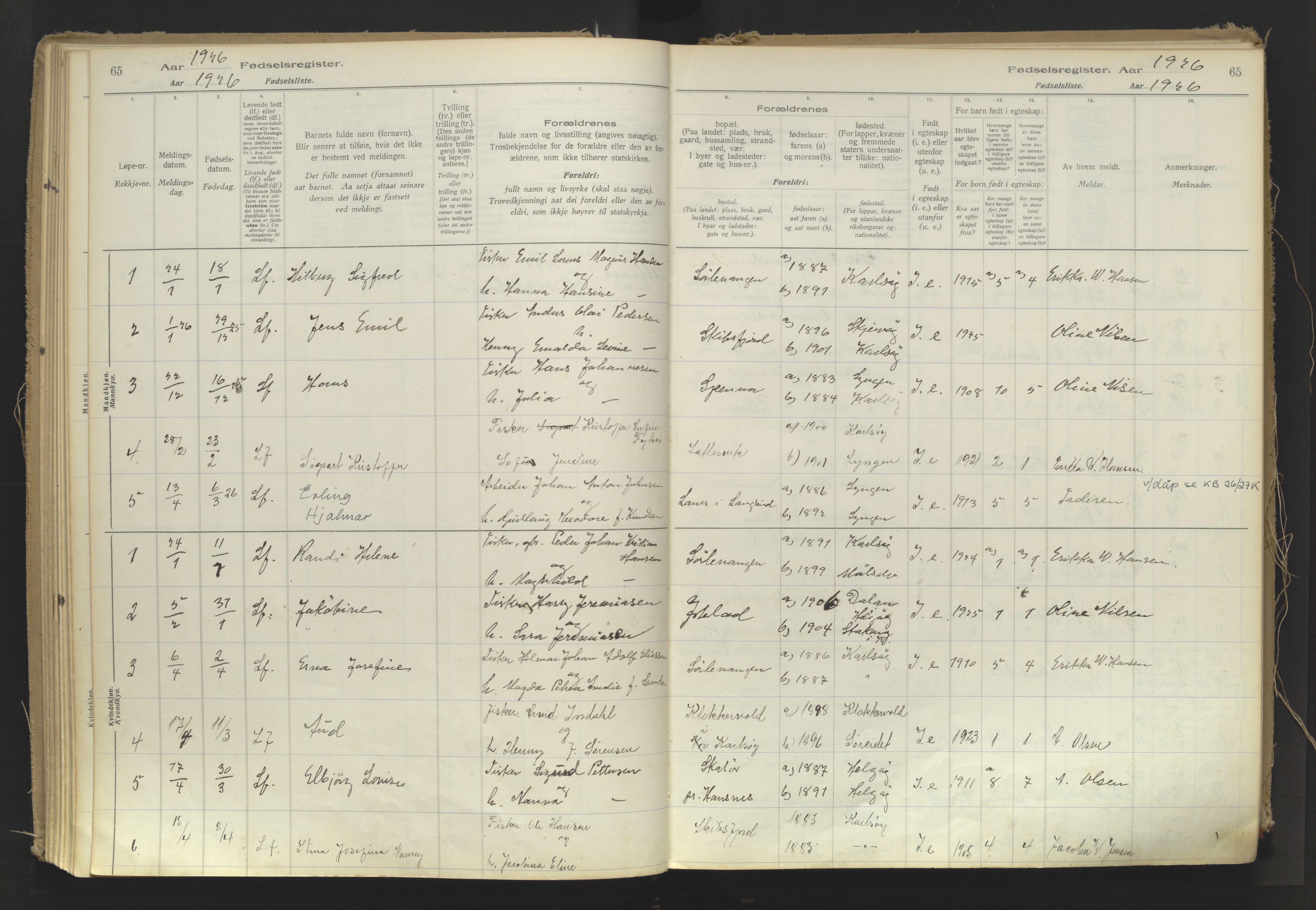 Karlsøy sokneprestembete, AV/SATØ-S-1299/I/Ic/L0064: Birth register no. 64, 1916-1943, p. 65