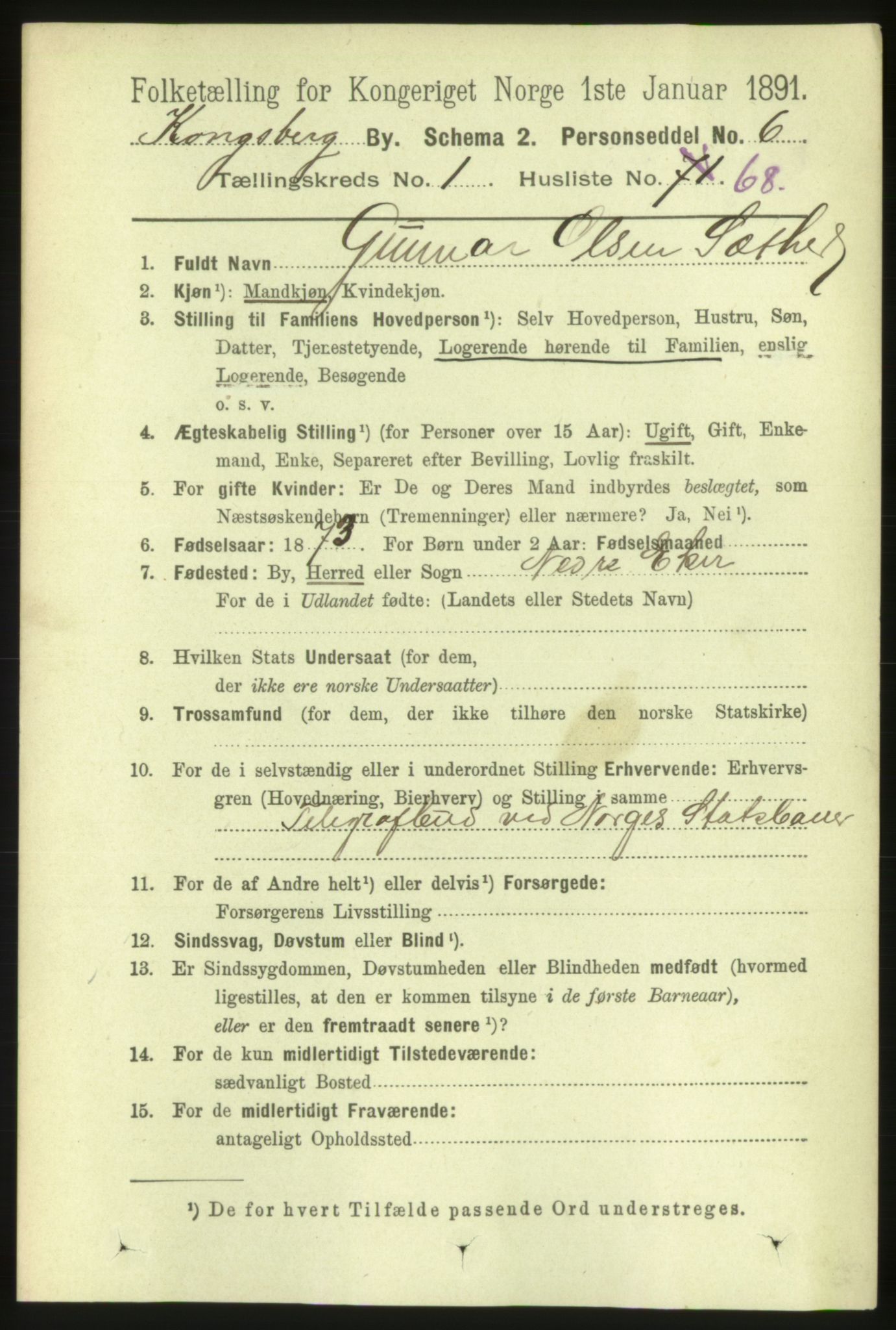 RA, 1891 census for 0604 Kongsberg, 1891, p. 2136