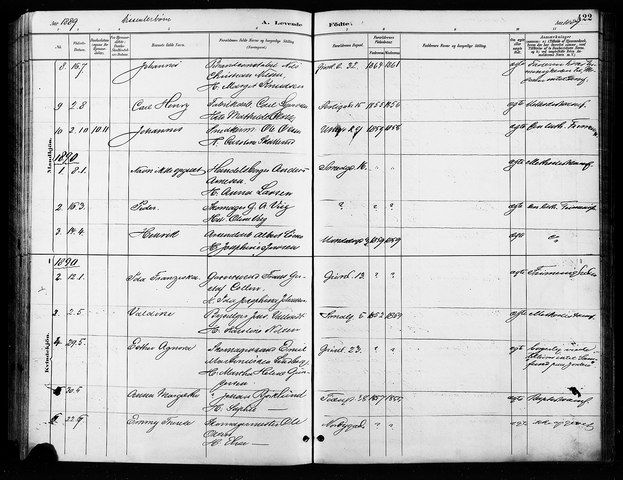 Grønland prestekontor Kirkebøker, SAO/A-10848/F/Fa/L0009: Parish register (official) no. 9, 1888-1893, p. 422