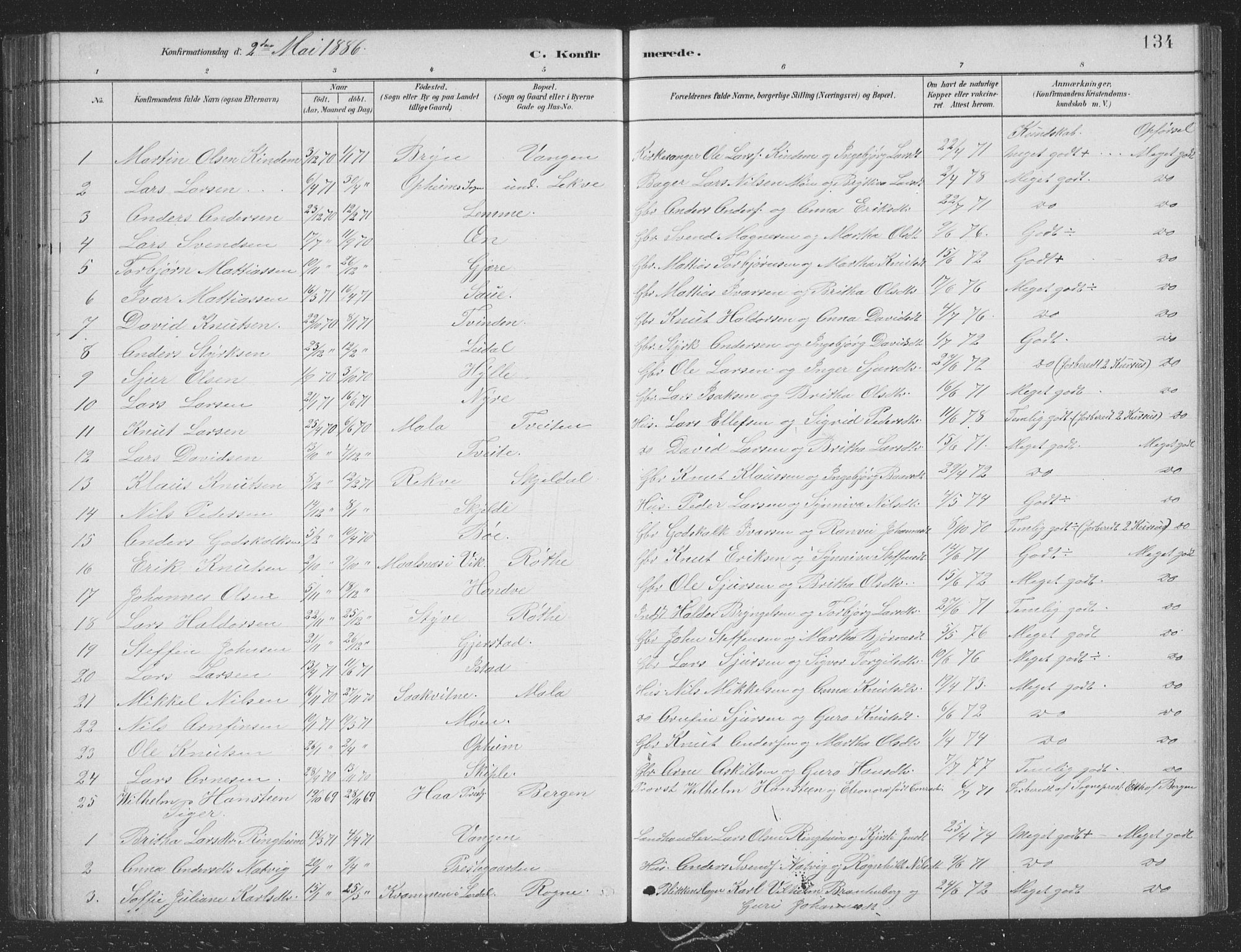 Voss sokneprestembete, SAB/A-79001/H/Hab: Parish register (copy) no. B 3, 1879-1894, p. 134