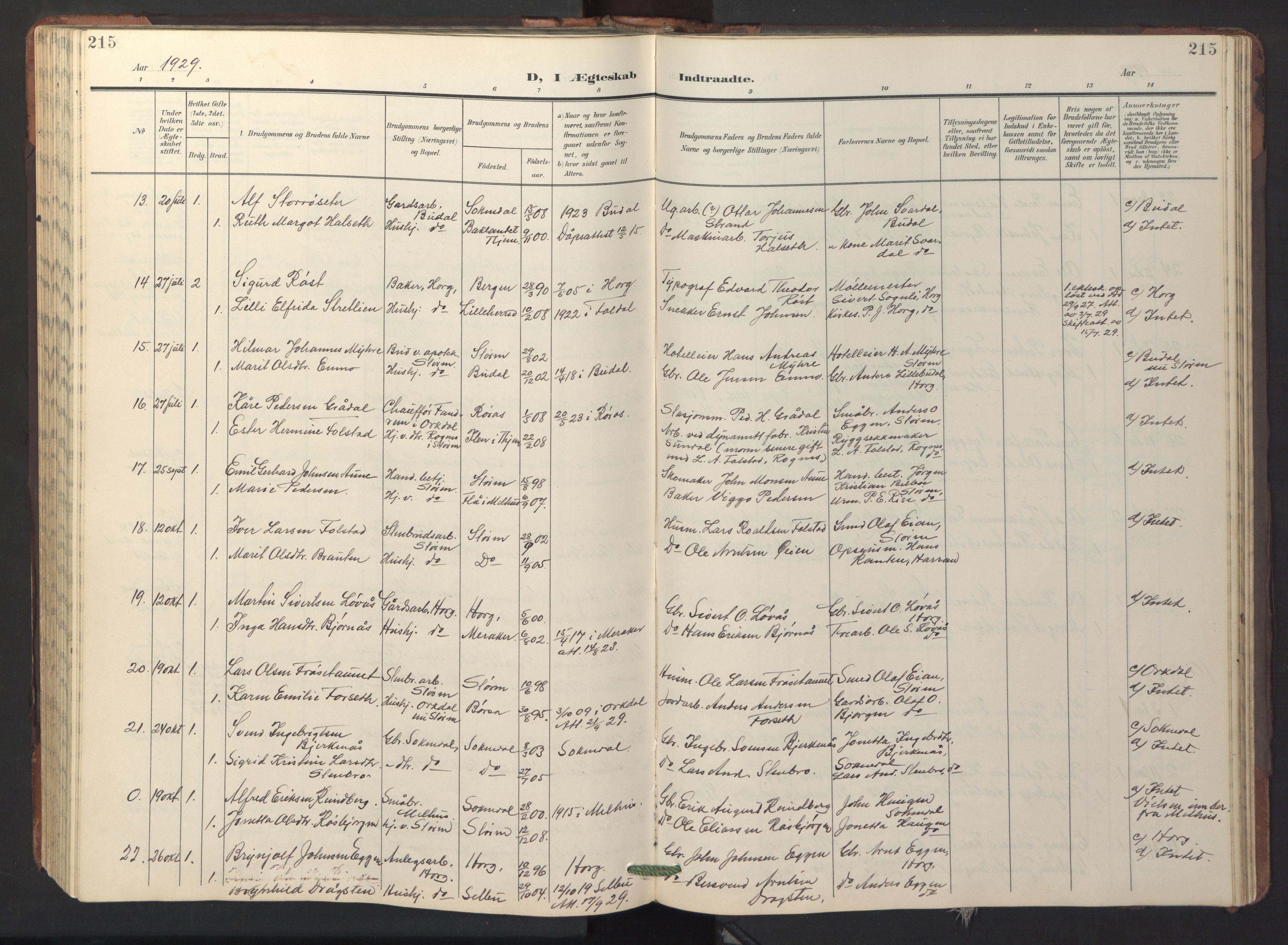 Ministerialprotokoller, klokkerbøker og fødselsregistre - Sør-Trøndelag, SAT/A-1456/687/L1019: Parish register (copy) no. 687C03, 1904-1931, p. 215