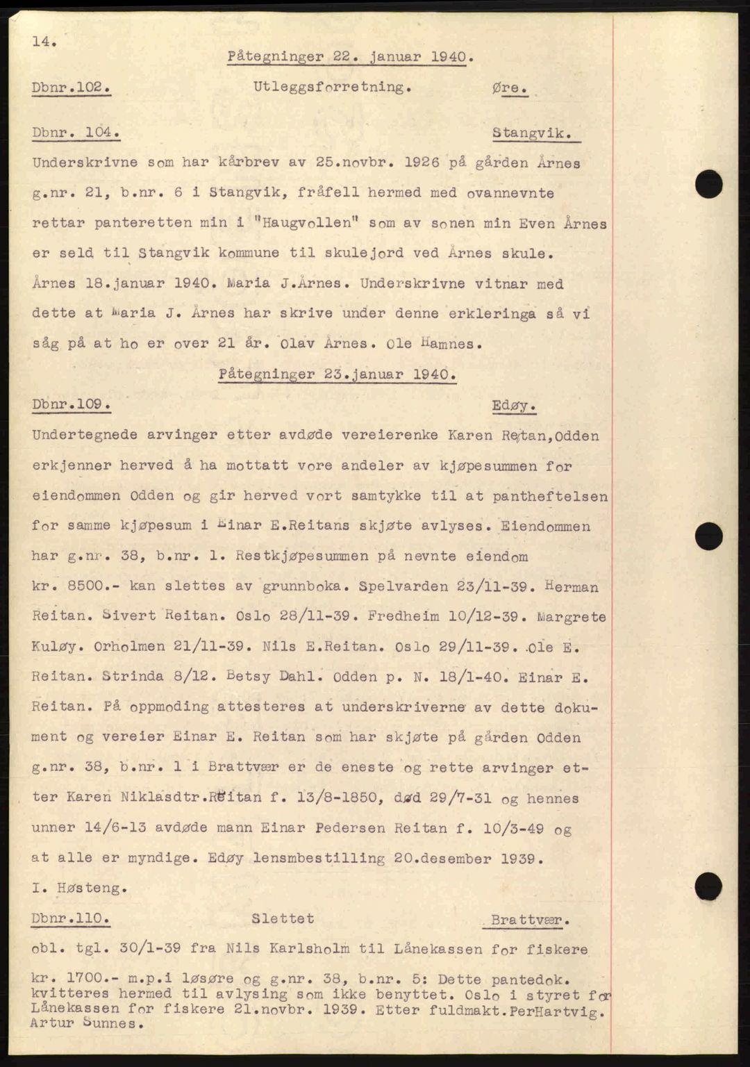 Nordmøre sorenskriveri, AV/SAT-A-4132/1/2/2Ca: Mortgage book no. C81, 1940-1945, Diary no: : 102/1940