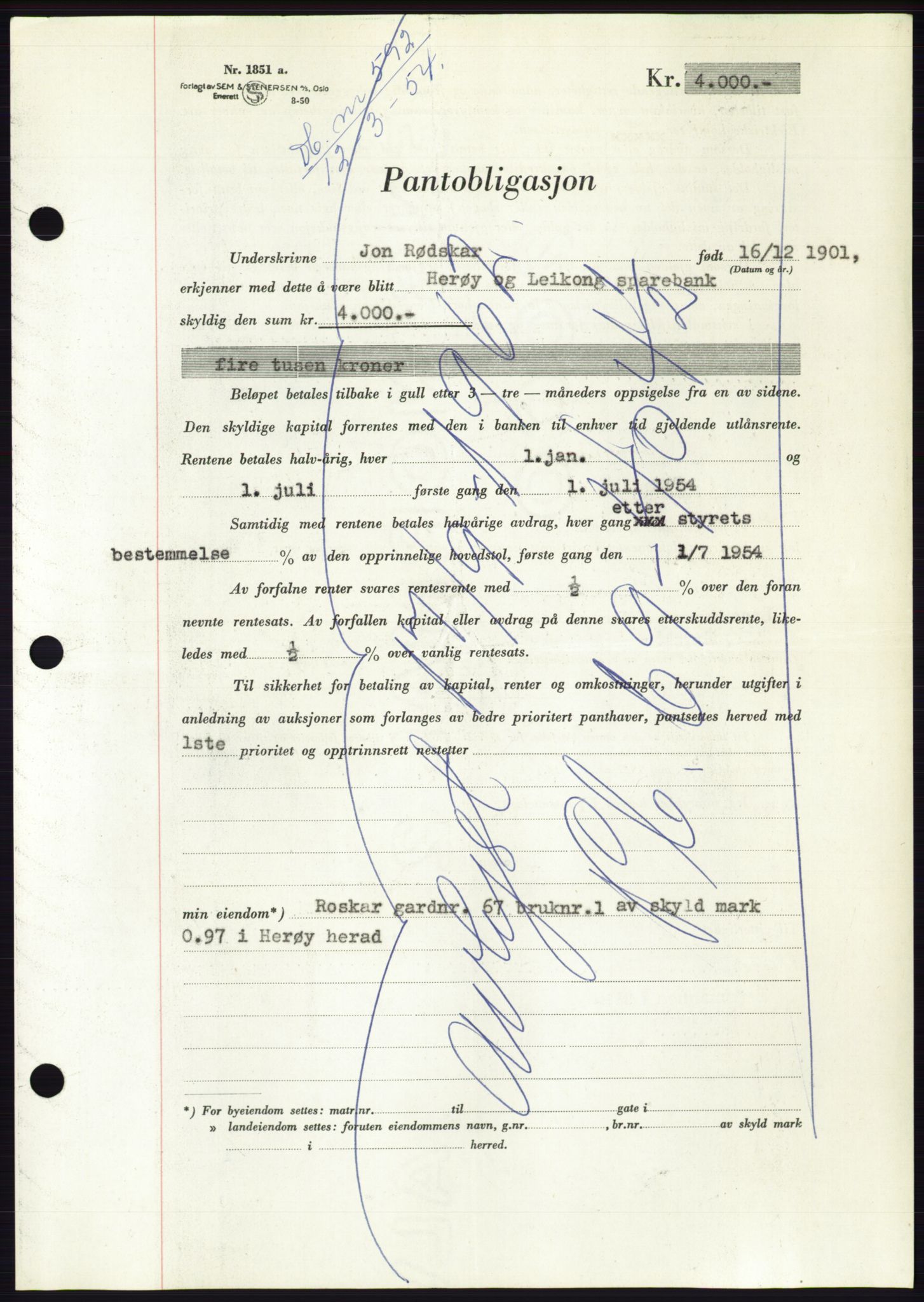 Søre Sunnmøre sorenskriveri, AV/SAT-A-4122/1/2/2C/L0124: Mortgage book no. 12B, 1953-1954, Diary no: : 592/1954