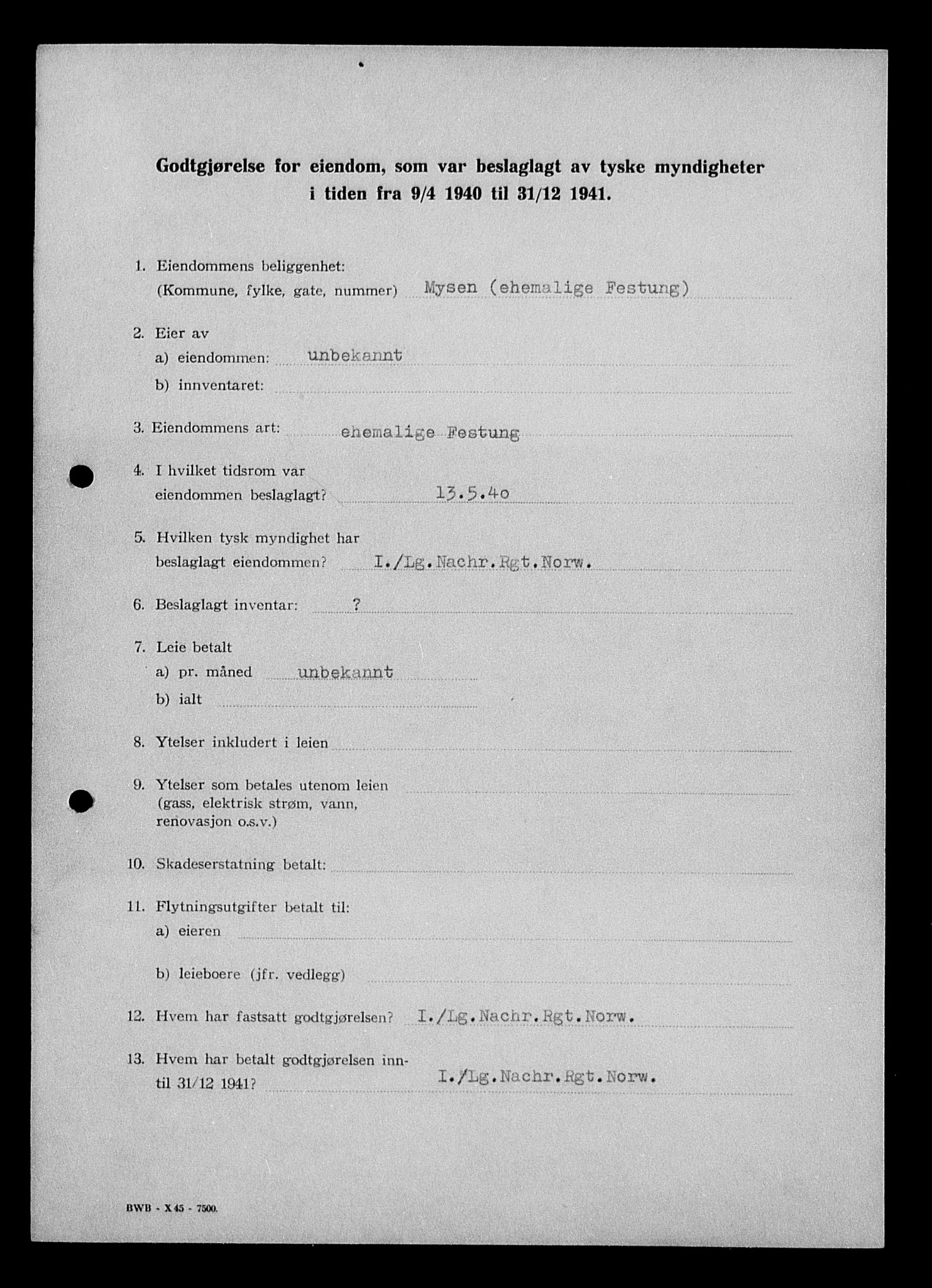 Justisdepartementet, Tilbakeføringskontoret for inndratte formuer, AV/RA-S-1564/I/L1010: Godtgjørelse for beslaglagt eiendom, 1940-1941, p. 16