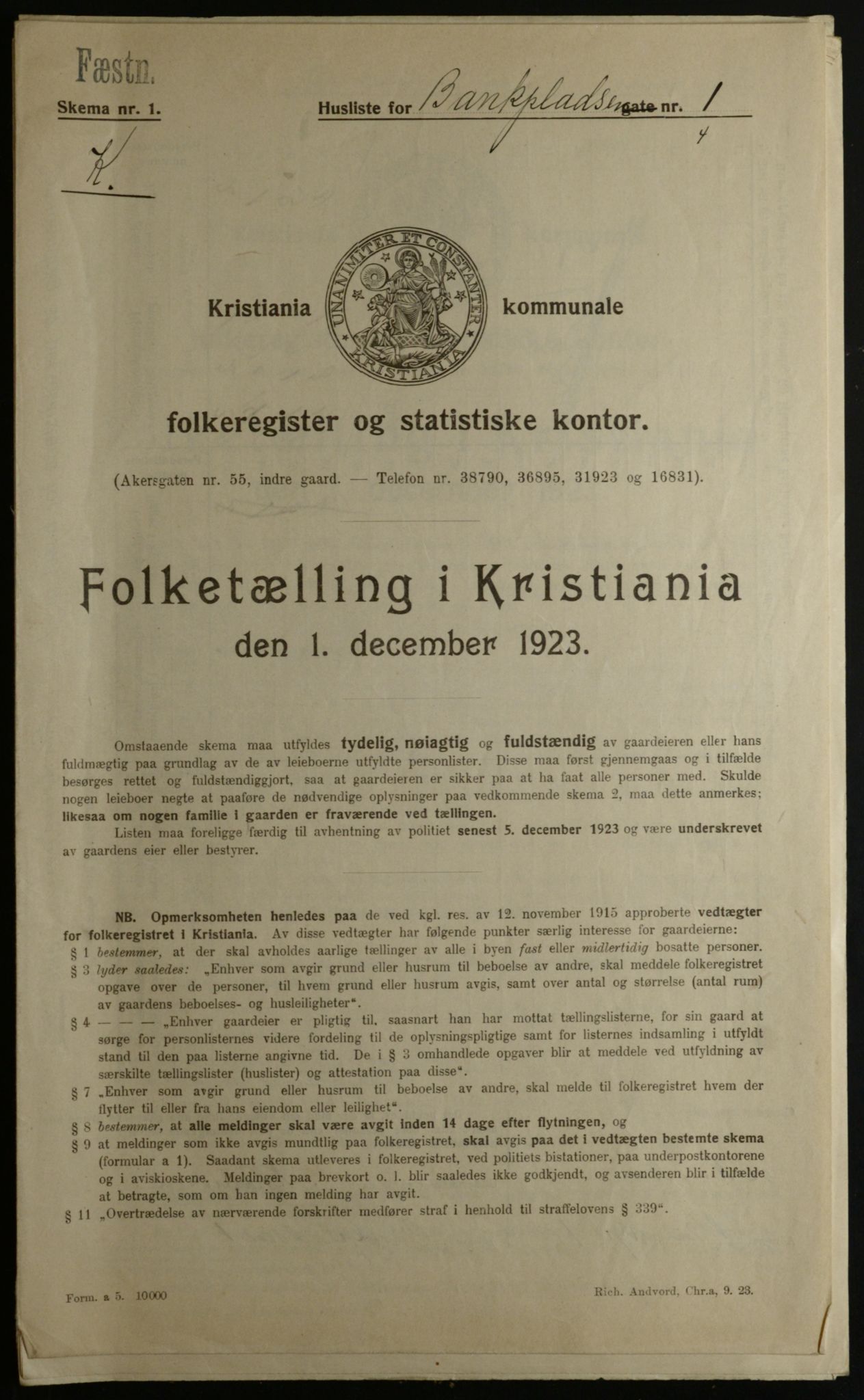 OBA, Municipal Census 1923 for Kristiania, 1923, p. 3952