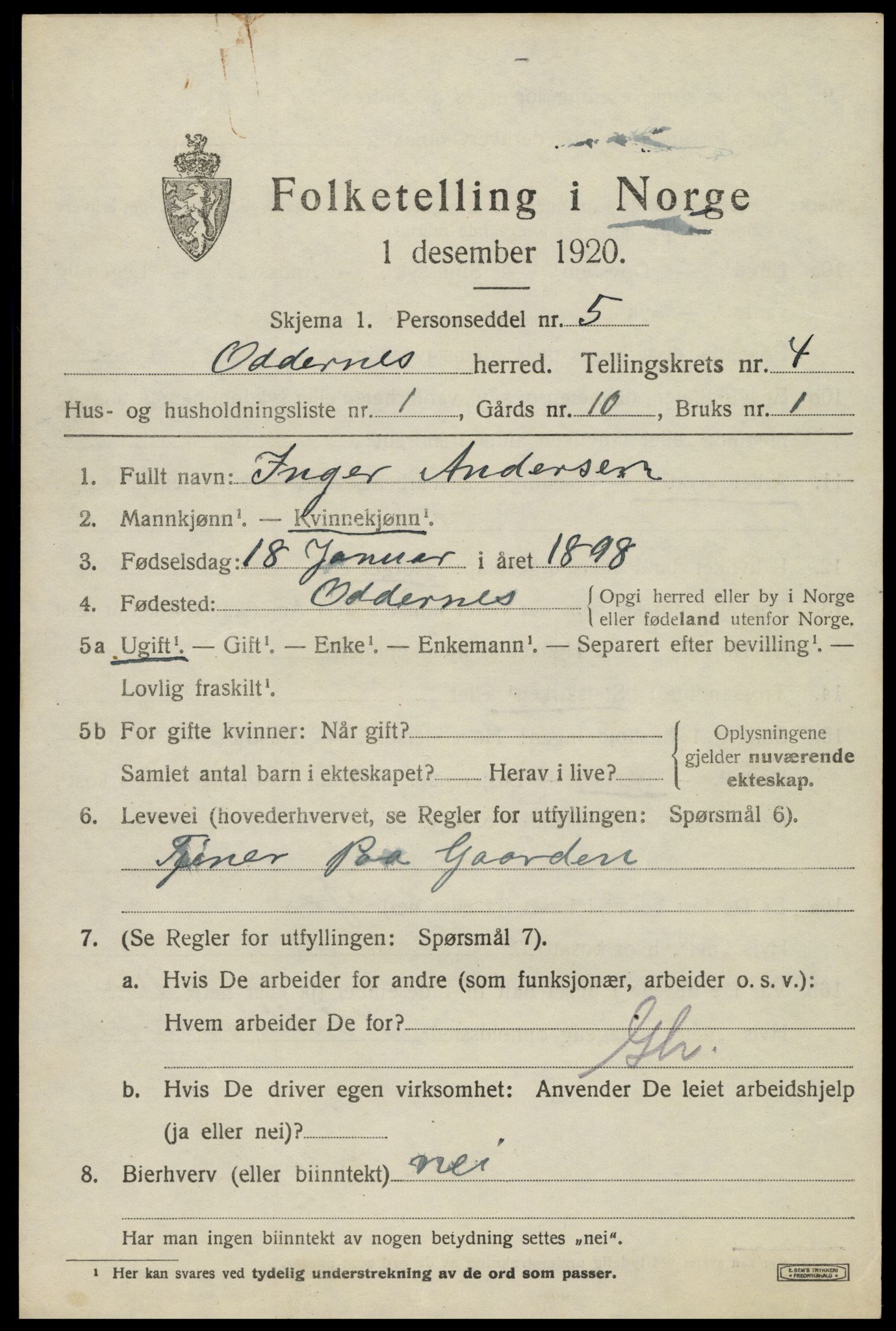 SAK, 1920 census for Oddernes, 1920, p. 4067