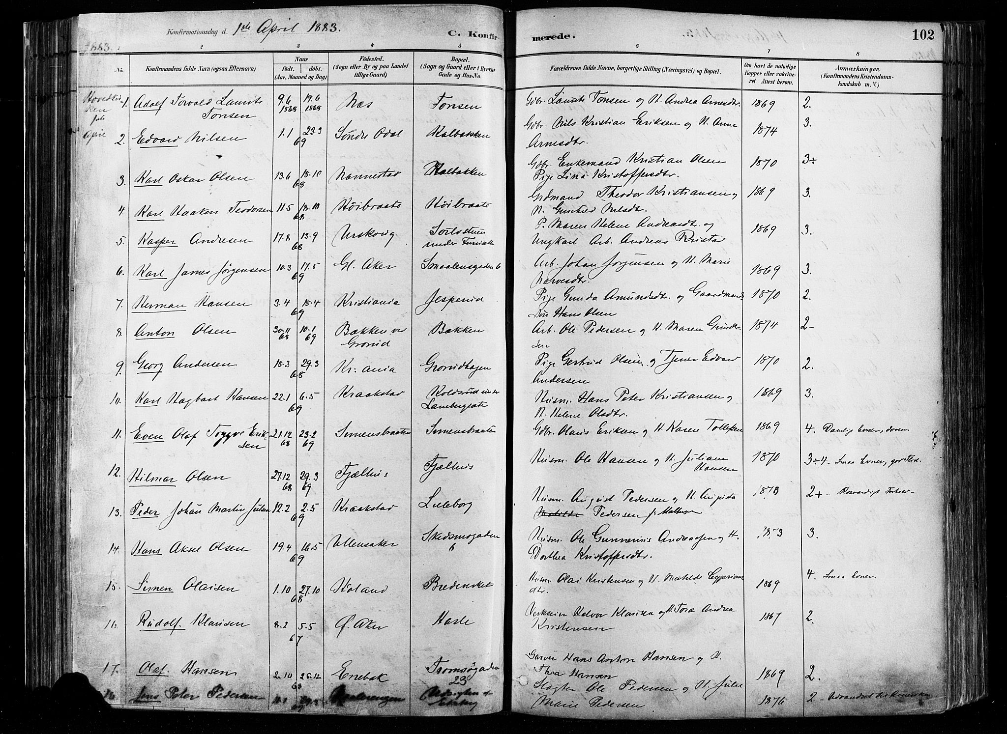 Østre Aker prestekontor Kirkebøker, SAO/A-10840/F/Fa/L0008: Parish register (official) no. I 8, 1883-1894, p. 102