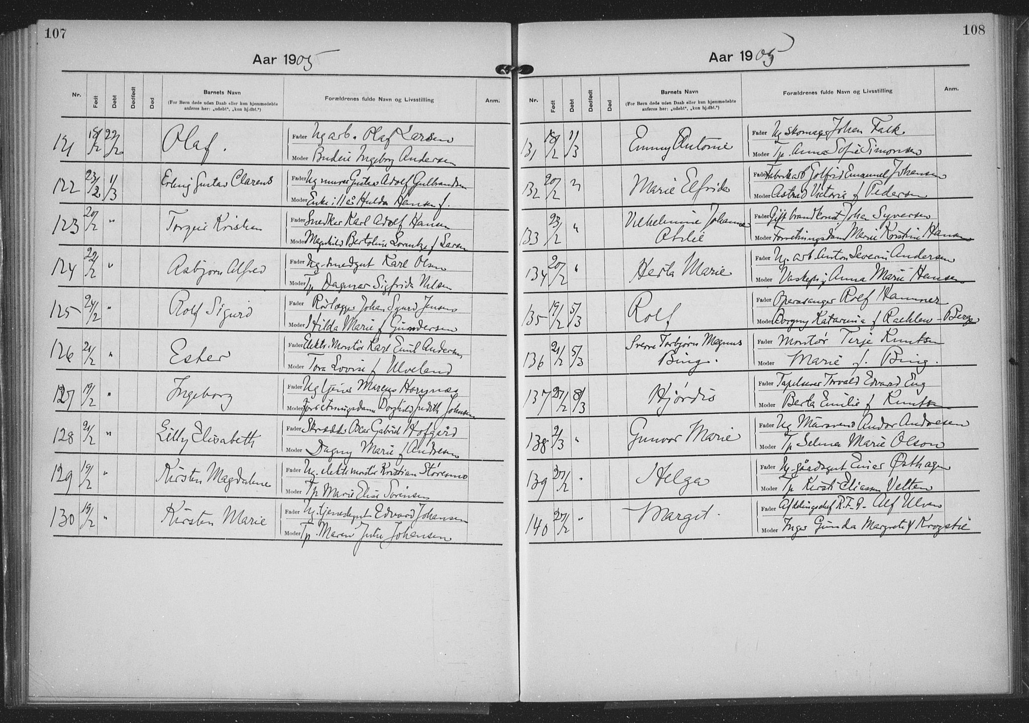 Rikshospitalet prestekontor Kirkebøker, SAO/A-10309b/K/L0006/0001: Baptism register no. 6.1, 1904-1906, p. 107-108