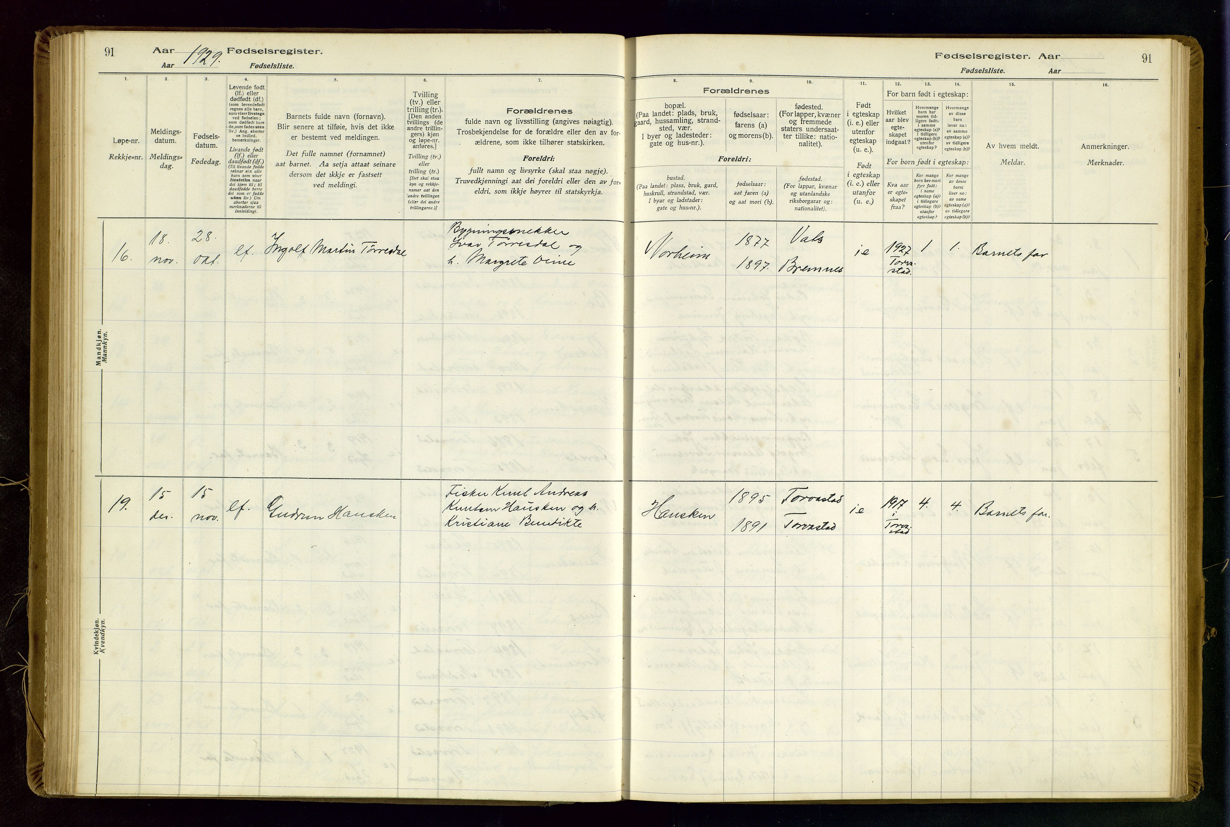Torvastad sokneprestkontor, SAST/A -101857/I/Id/L0002: Birth register no. 2, 1916-1950, p. 91