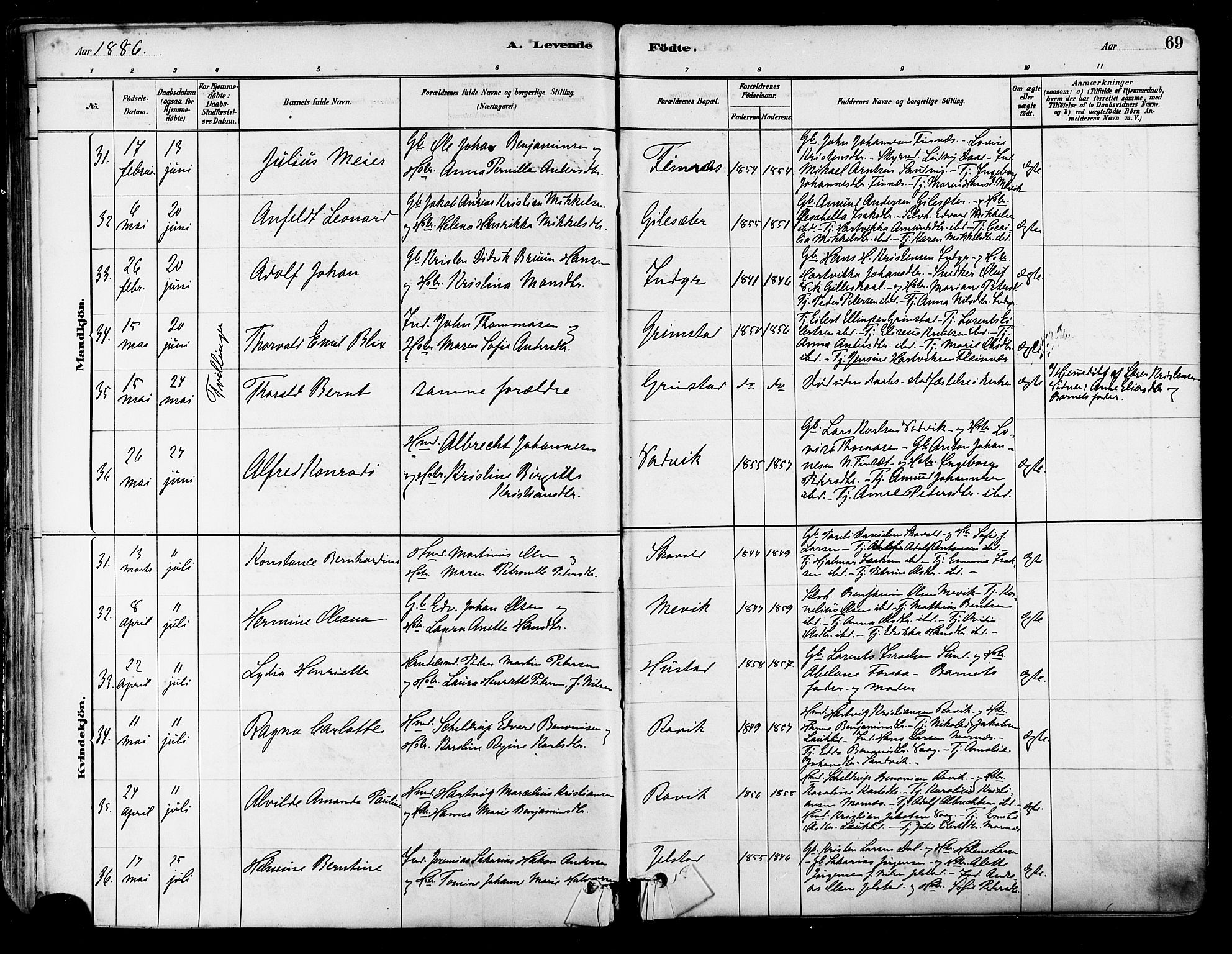 Ministerialprotokoller, klokkerbøker og fødselsregistre - Nordland, SAT/A-1459/805/L0099: Parish register (official) no. 805A06, 1880-1891, p. 69