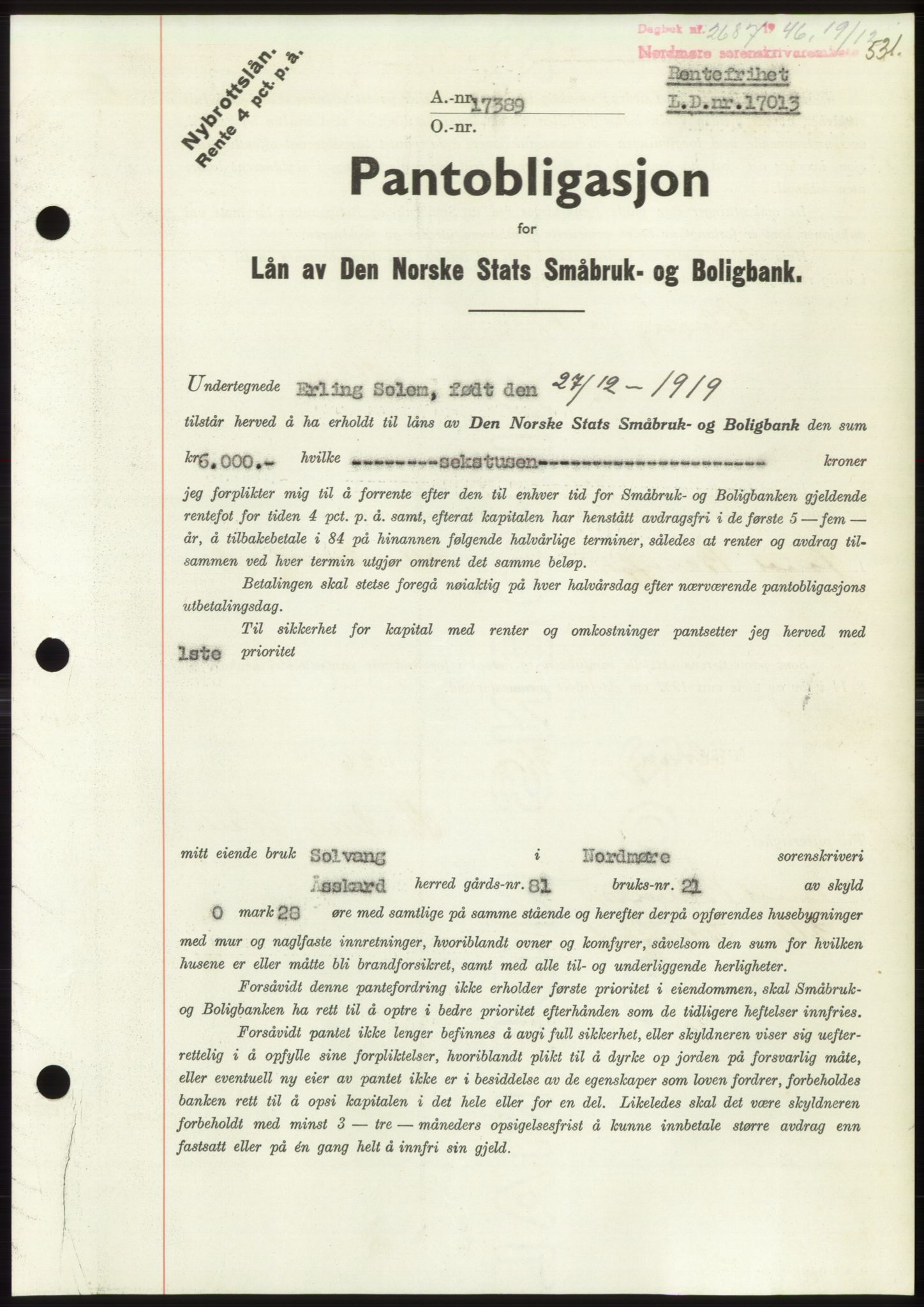 Nordmøre sorenskriveri, AV/SAT-A-4132/1/2/2Ca: Mortgage book no. B95, 1946-1947, Diary no: : 2687/1946