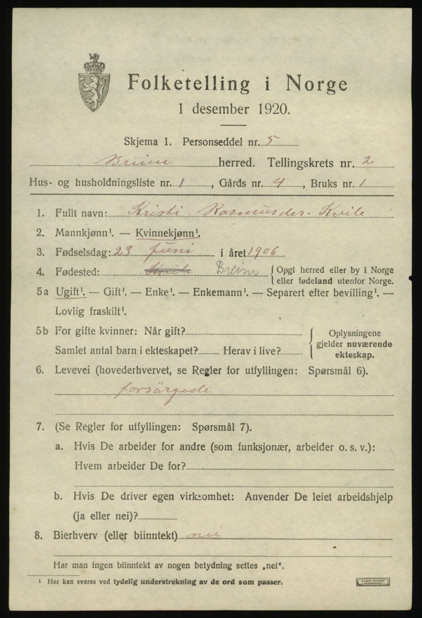 SAB, 1920 census for Breim, 1920, p. 813