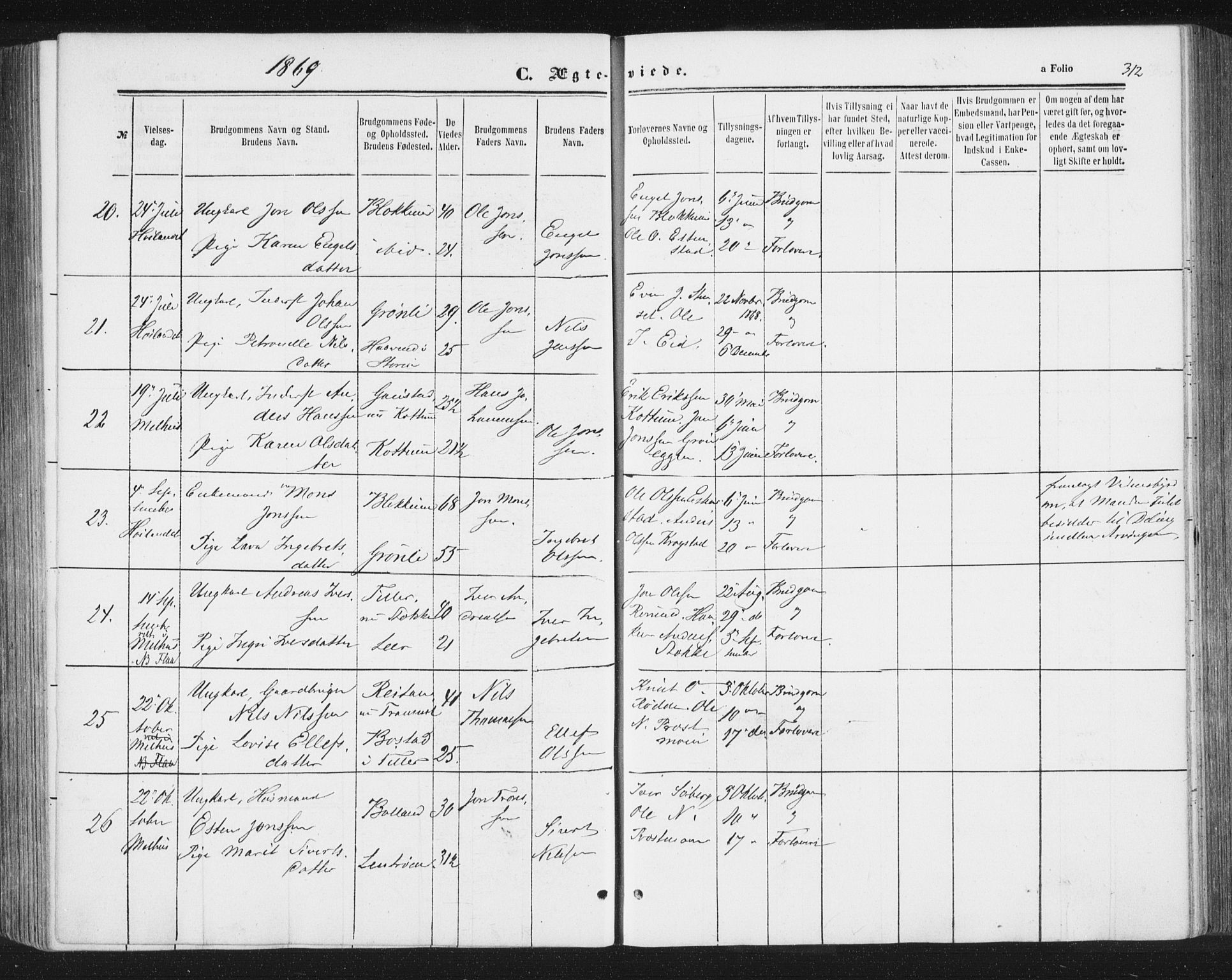 Ministerialprotokoller, klokkerbøker og fødselsregistre - Sør-Trøndelag, SAT/A-1456/691/L1077: Parish register (official) no. 691A09, 1862-1873, p. 312