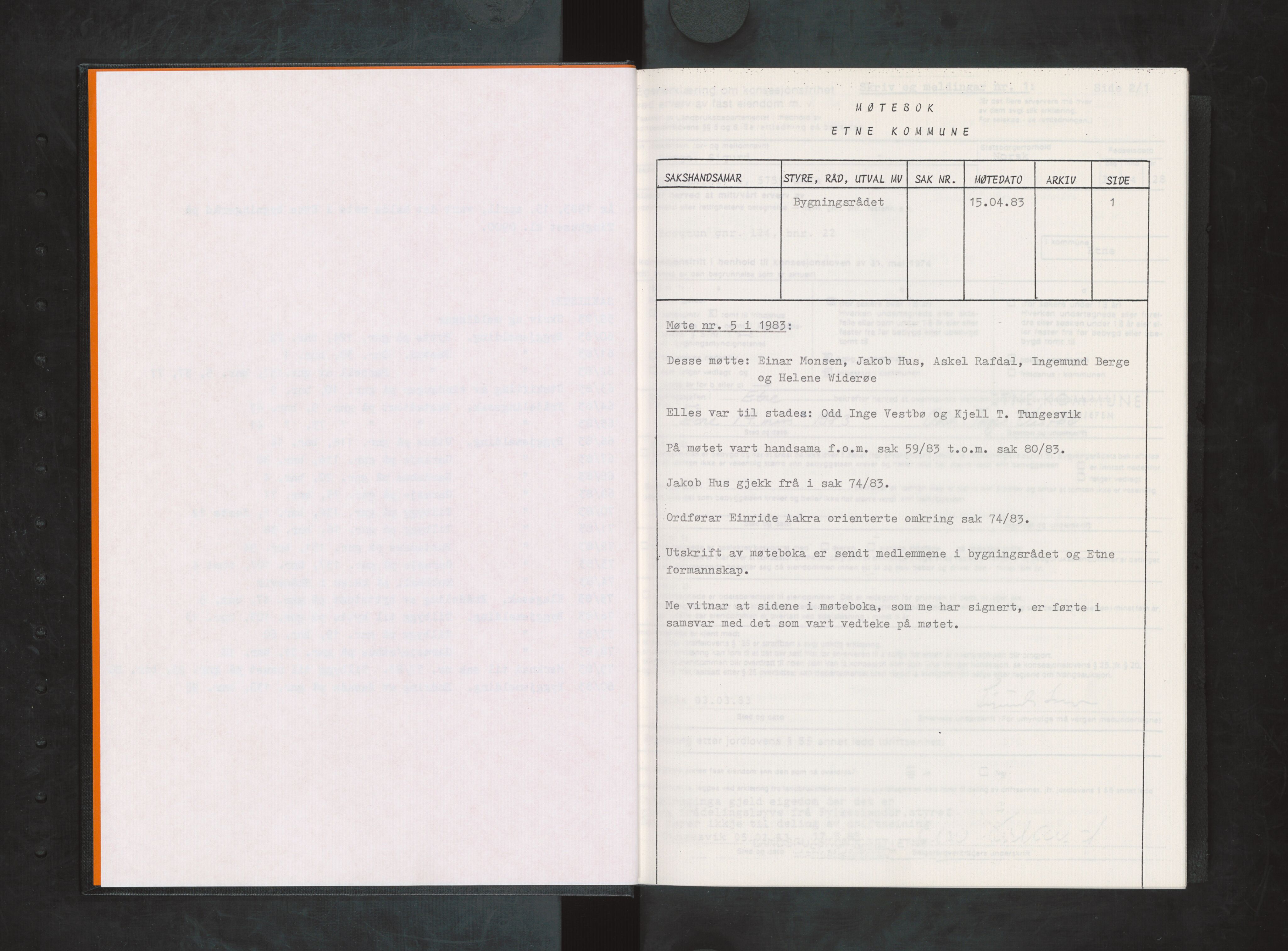 Etne kommune. Bygningsrådet, IKAH/1211-511/A/Aa/L0028: Møtebok Etne bygningsråd II, 1983