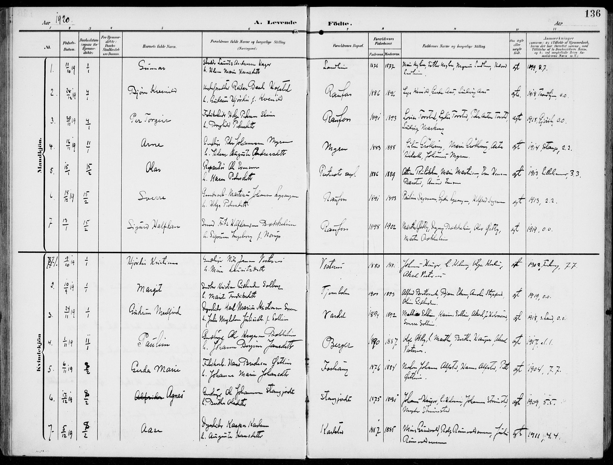 Vestre Toten prestekontor, AV/SAH-PREST-108/H/Ha/Haa/L0014: Parish register (official) no. 14, 1907-1920, p. 136