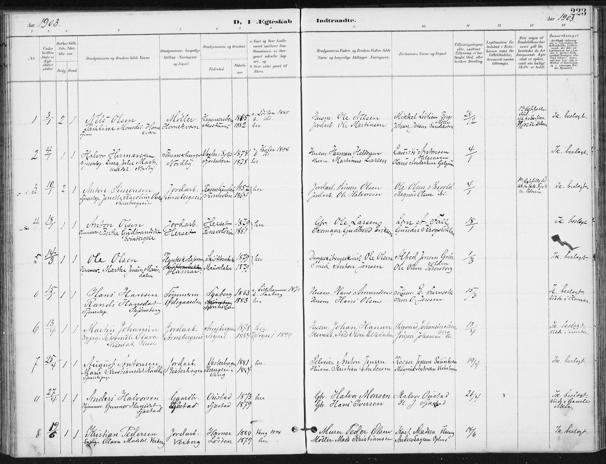 Romedal prestekontor, SAH/PREST-004/K/L0011: Parish register (official) no. 11, 1896-1912, p. 223