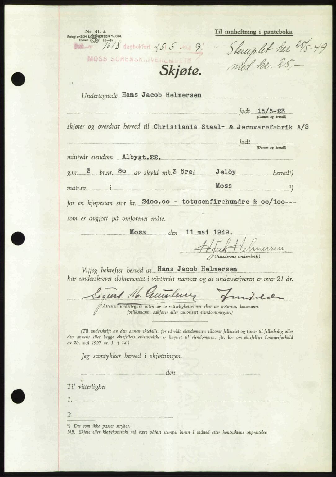 Moss sorenskriveri, AV/SAO-A-10168: Mortgage book no. A22, 1949-1949, Diary no: : 1618/1949