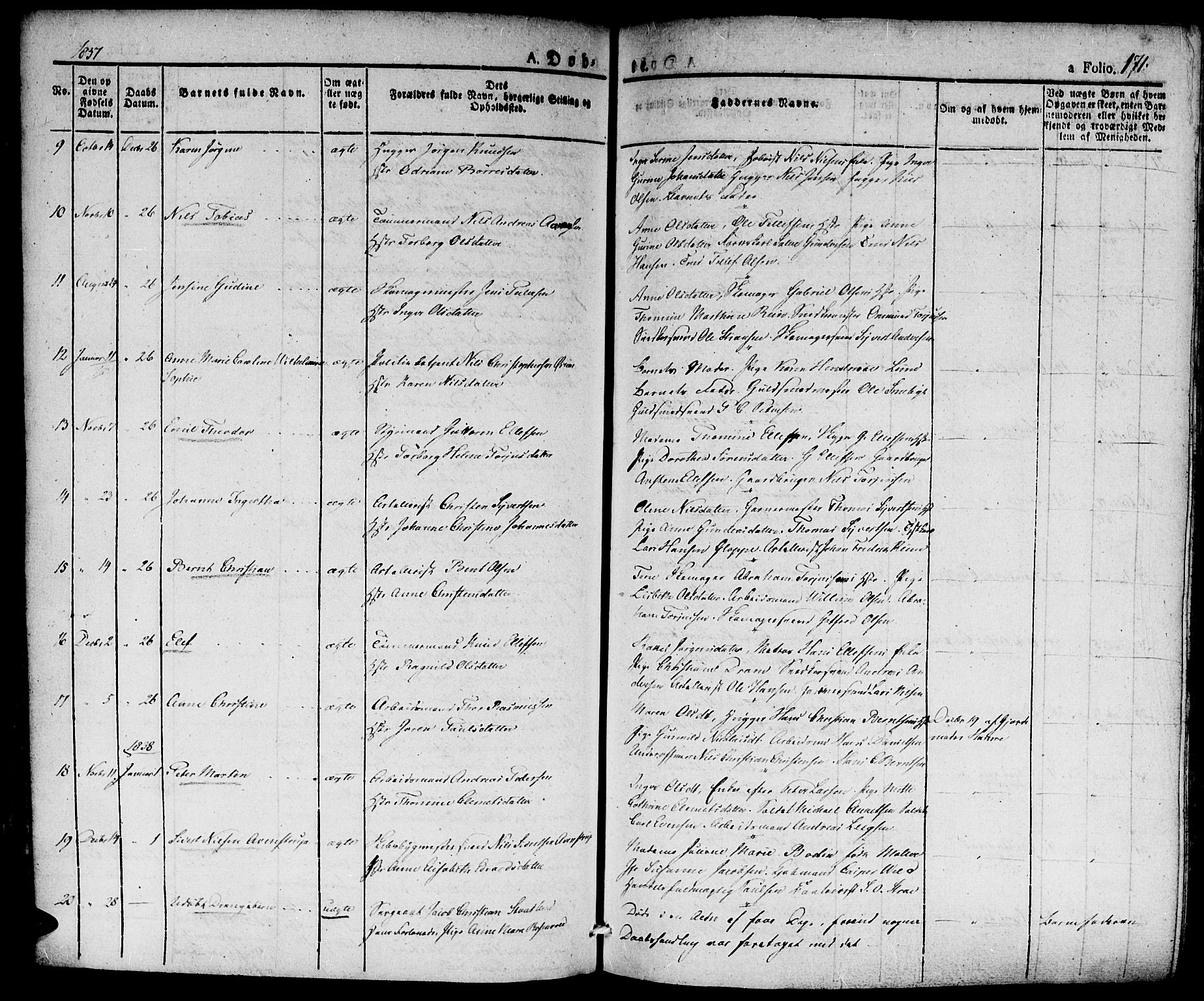 Kristiansand domprosti, SAK/1112-0006/F/Fa/L0011: Parish register (official) no. A 11, 1827-1841, p. 171