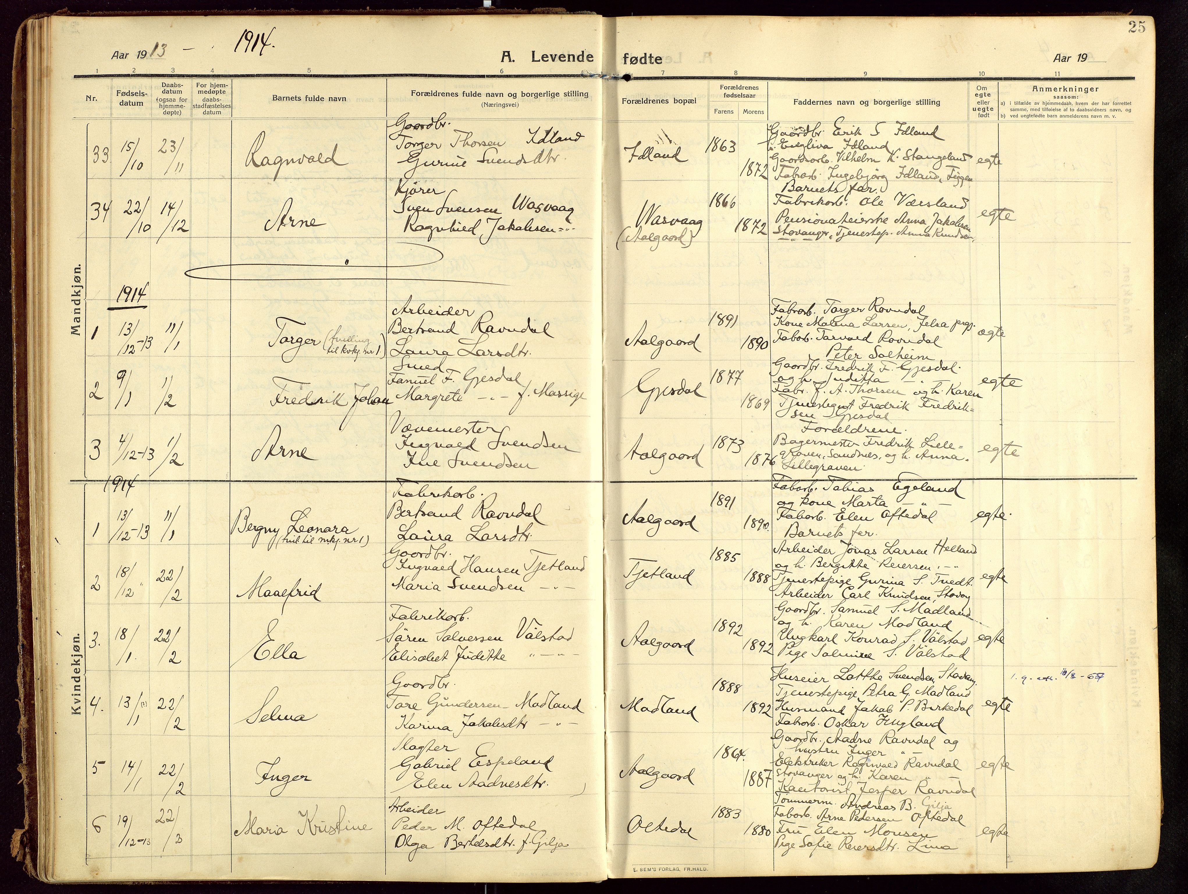 Lye sokneprestkontor, SAST/A-101794/002/B/L0001: Parish register (official) no. A 13, 1910-1925, p. 25