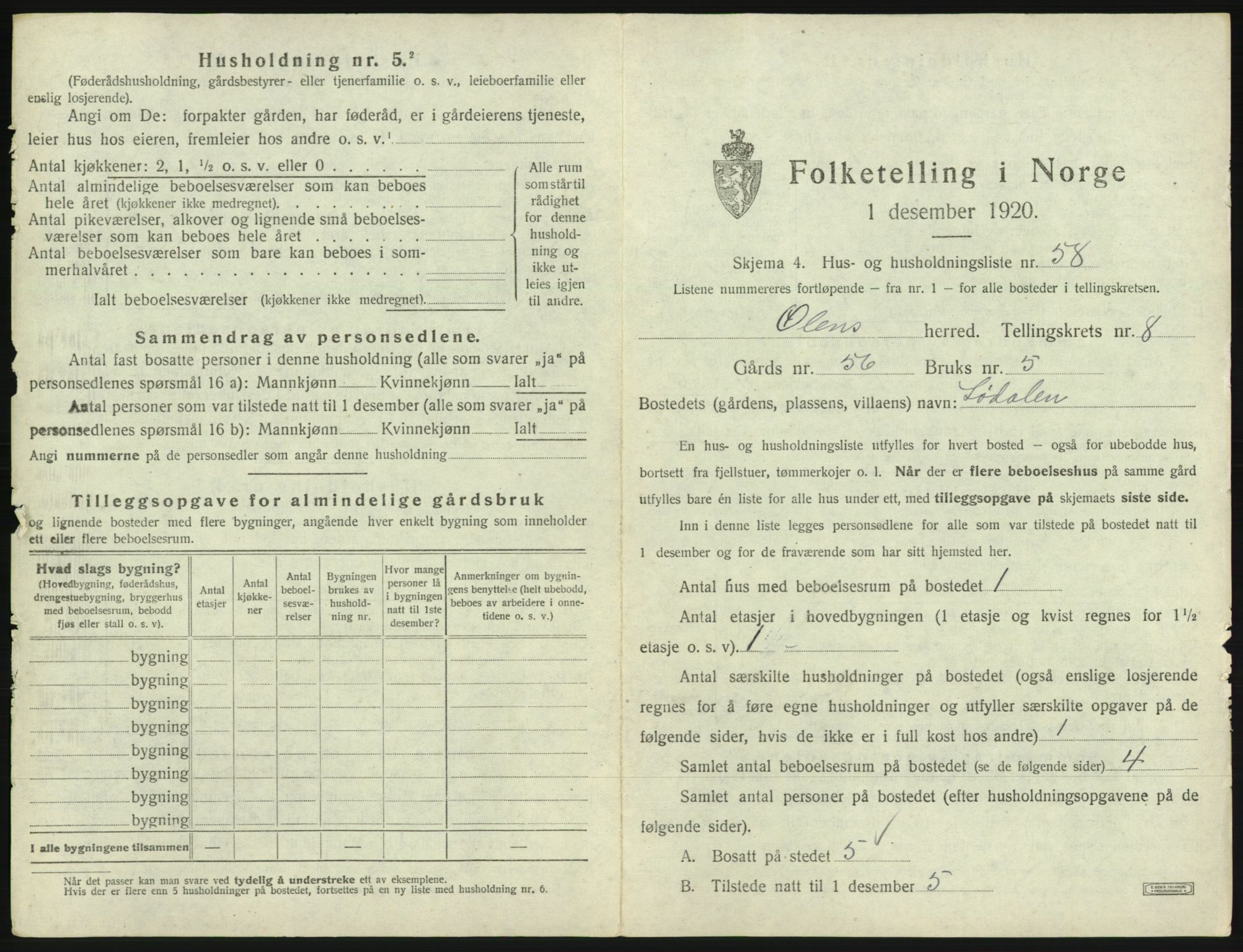 SAB, 1920 census for Ølen, 1920, p. 662