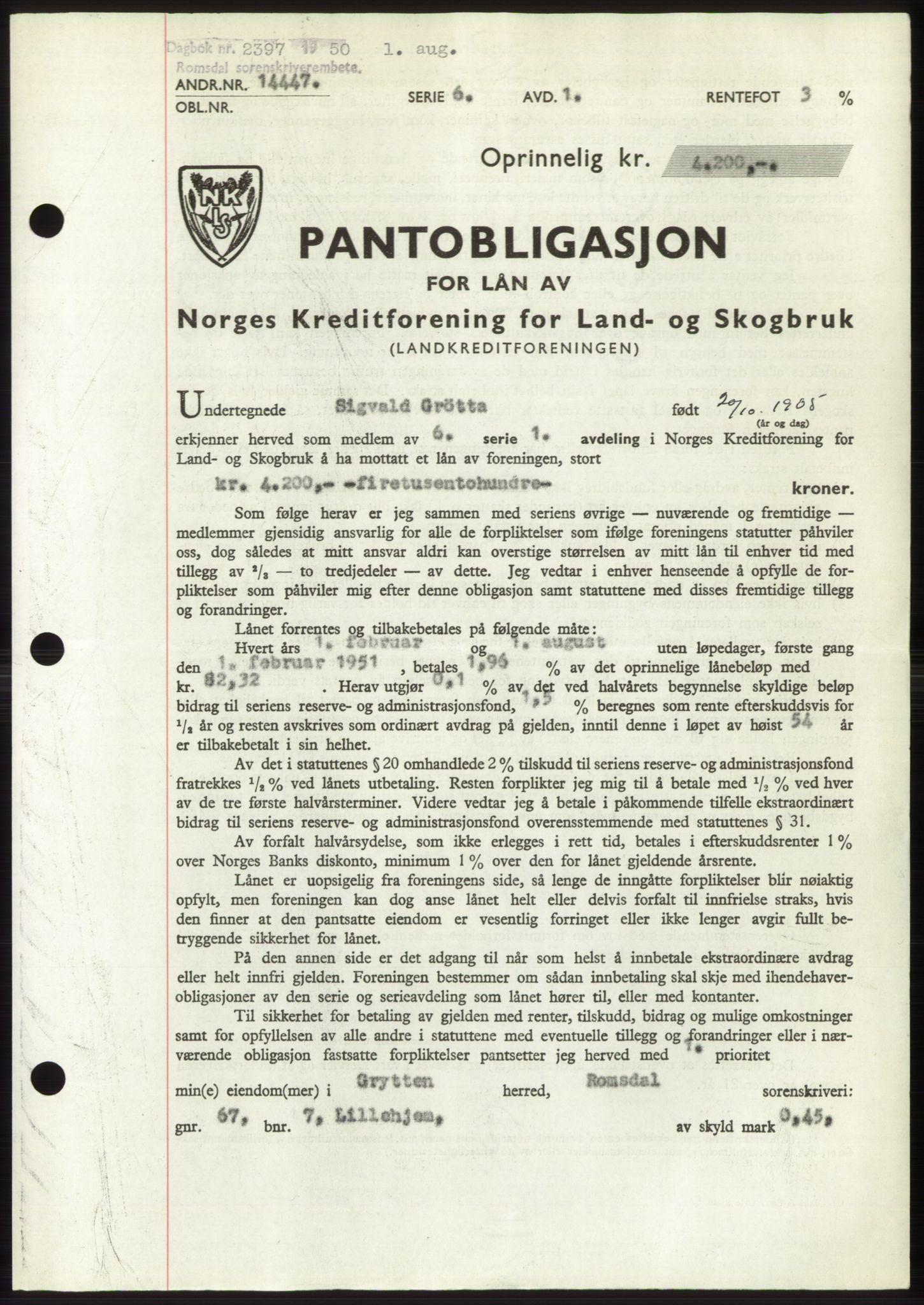 Romsdal sorenskriveri, AV/SAT-A-4149/1/2/2C: Mortgage book no. B5, 1949-1950, Diary no: : 2397/1950