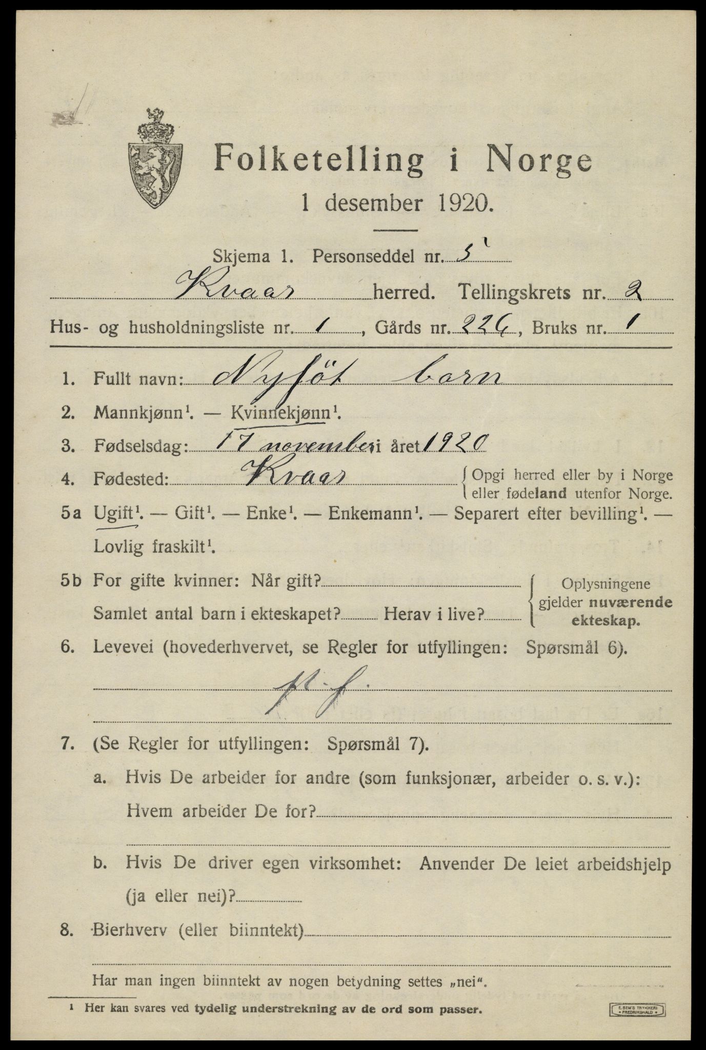 SAK, 1920 census for Kvås, 1920, p. 678