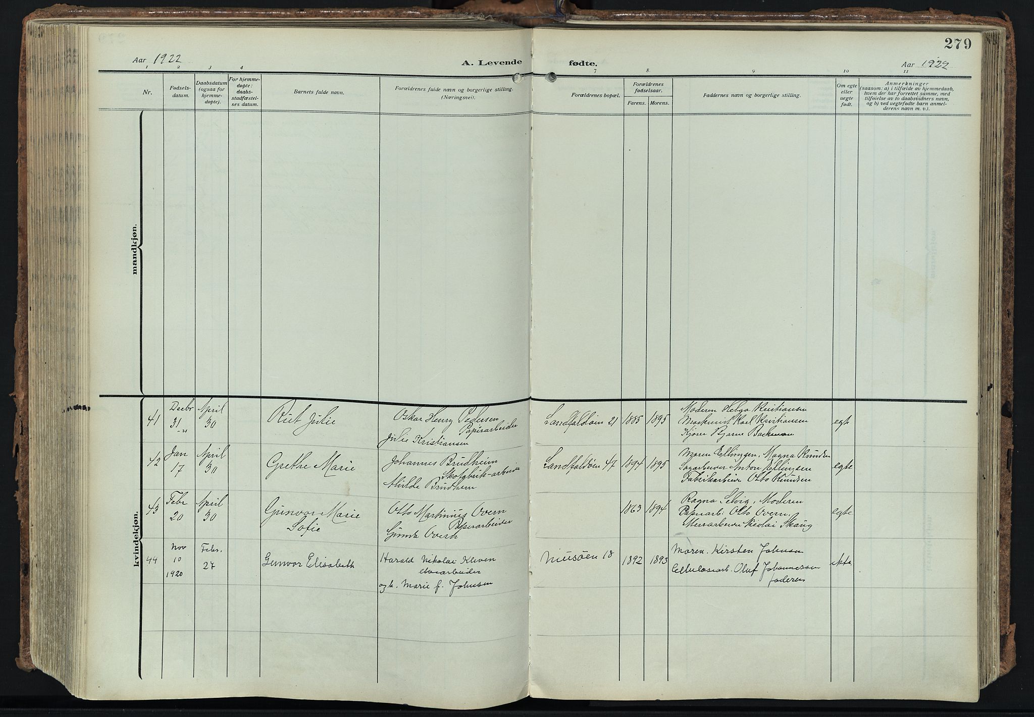 Bragernes kirkebøker, SAKO/A-6/F/Fb/L0010: Parish register (official) no. II 10, 1911-1922, p. 279