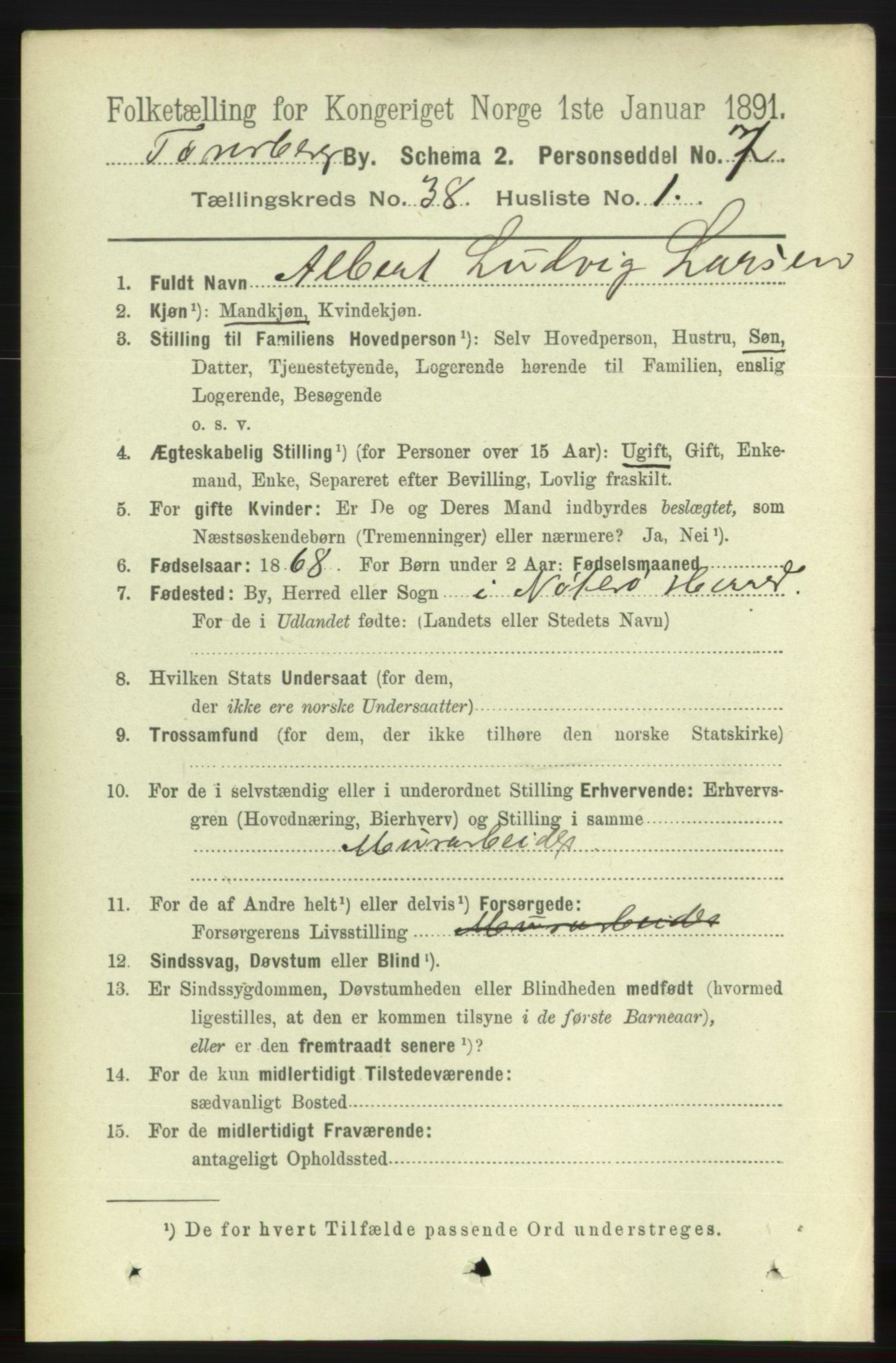 RA, 1891 census for 0705 Tønsberg, 1891, p. 8088