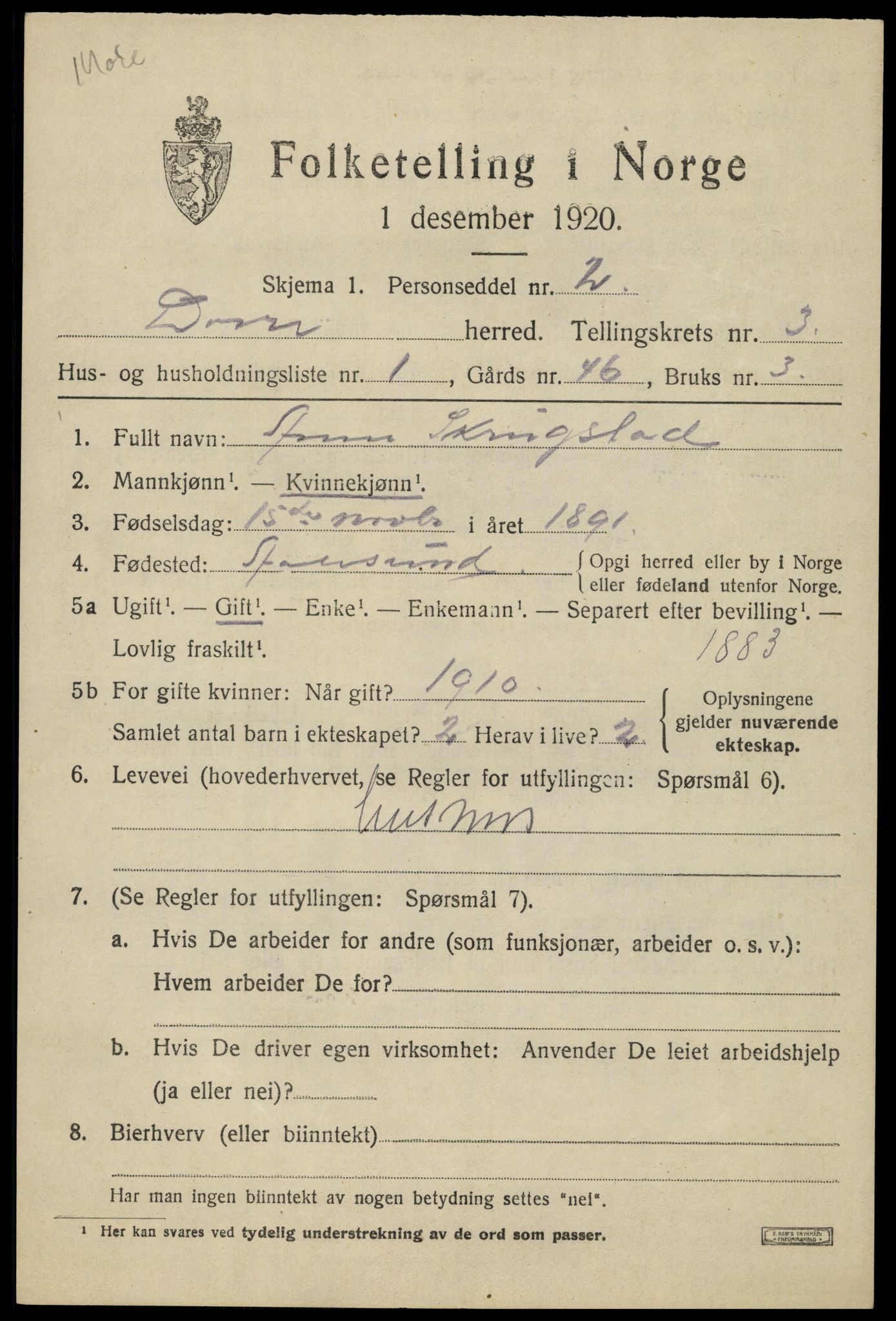 SAH, 1920 census for Dovre, 1920, p. 3588