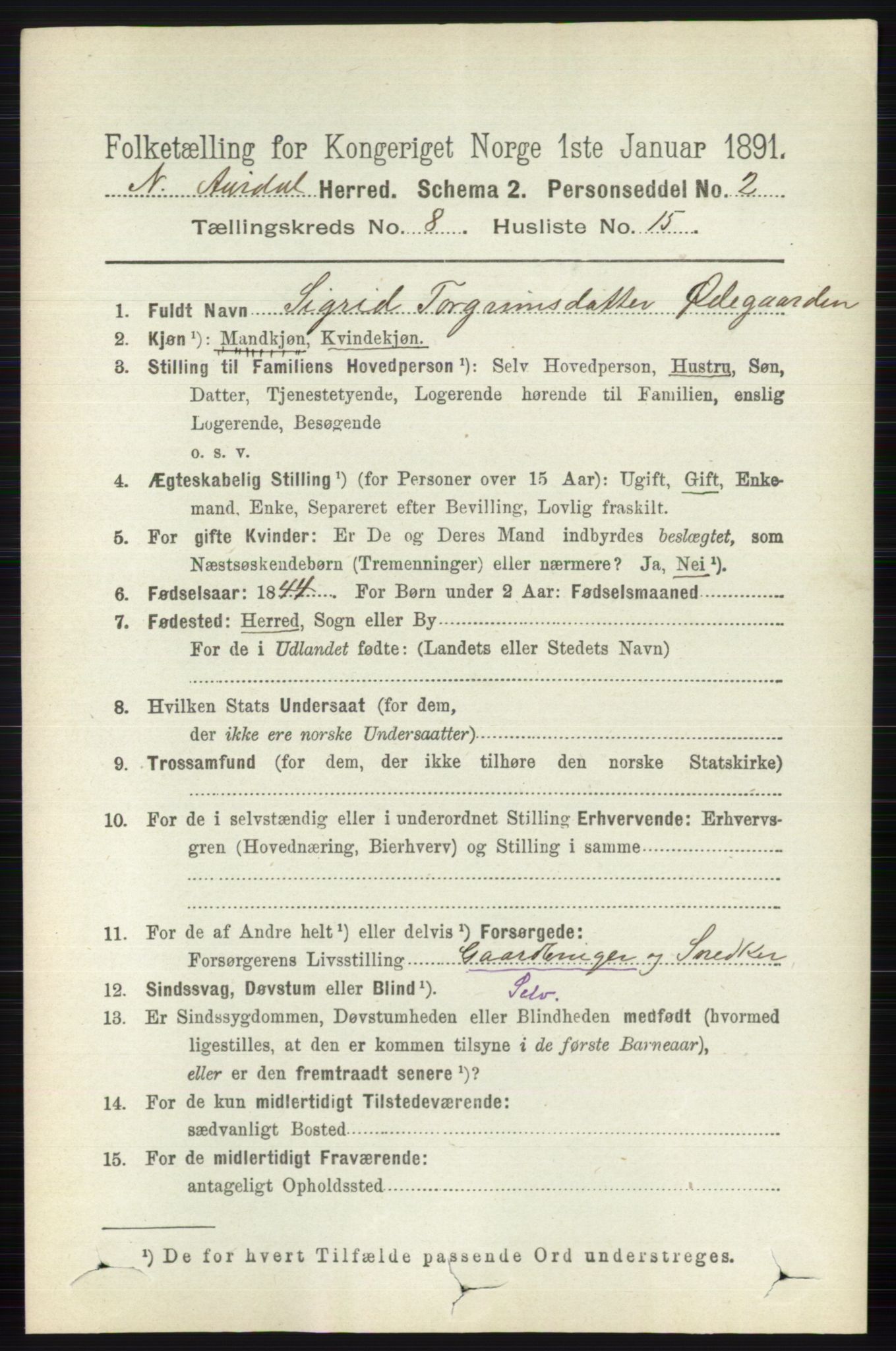 RA, 1891 census for 0542 Nord-Aurdal, 1891, p. 2892