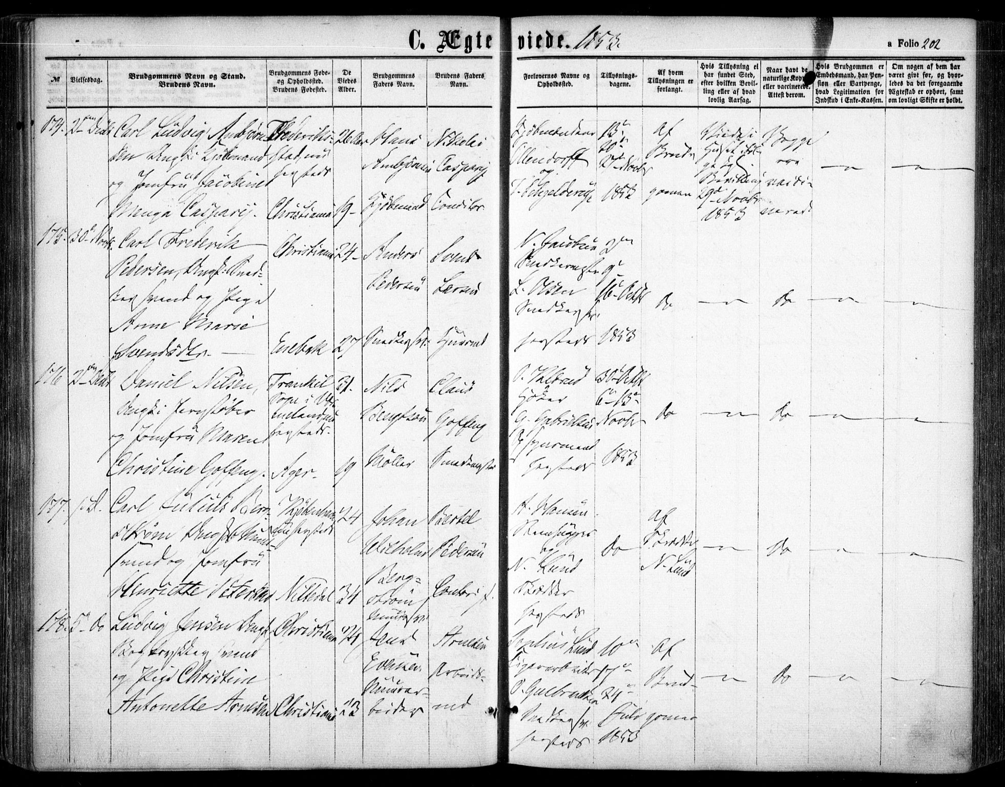 Oslo domkirke Kirkebøker, SAO/A-10752/F/Fa/L0020: Parish register (official) no. 20, 1848-1865, p. 202