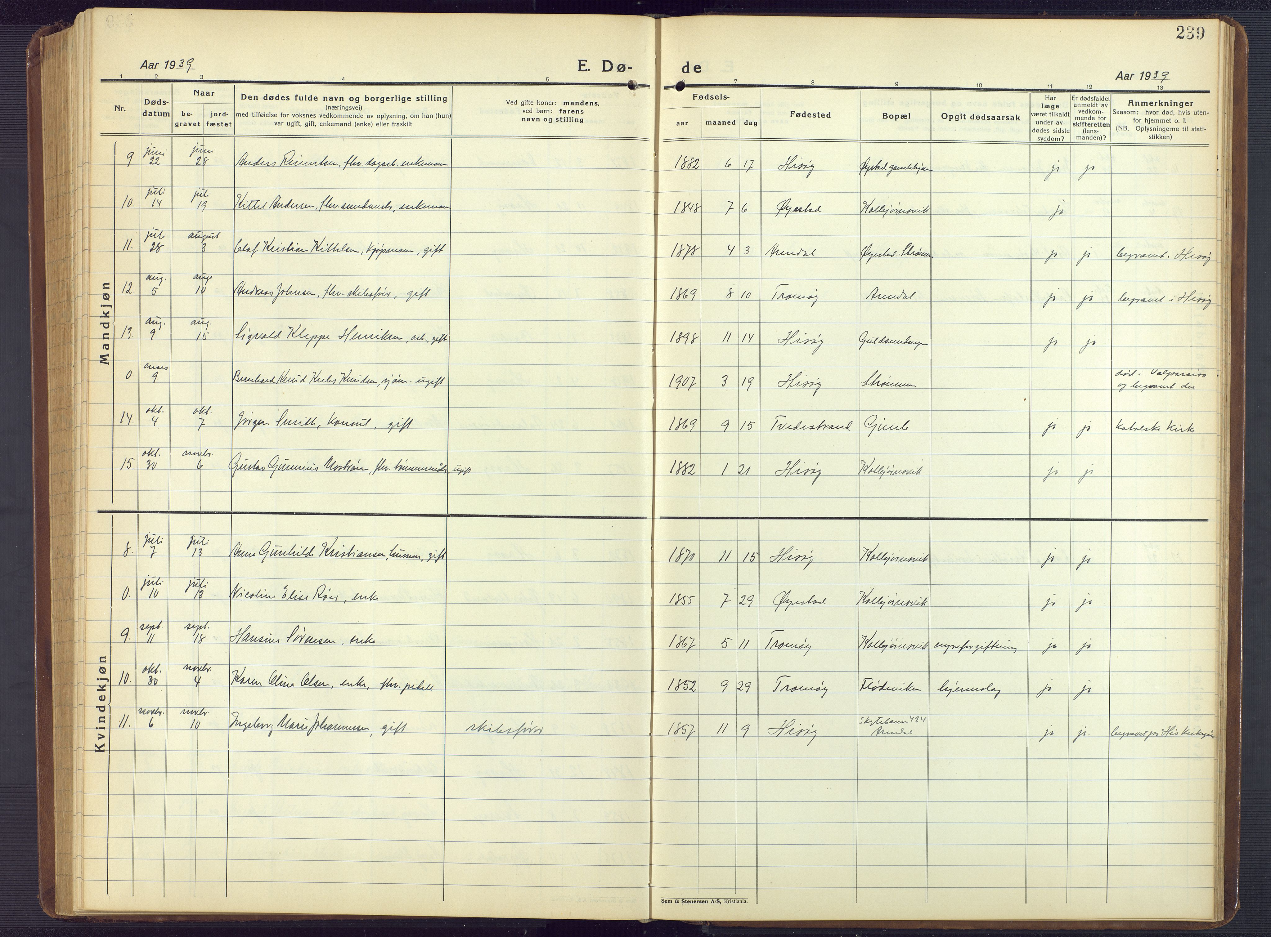 Hisøy sokneprestkontor, AV/SAK-1111-0020/F/Fb/L0005: Parish register (copy) no. B 5, 1924-1946, p. 239